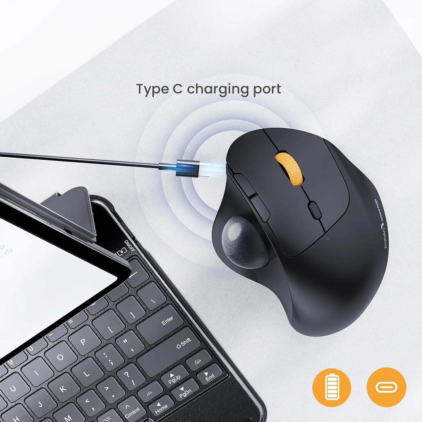 ProtoArc EM04 Bezprzewodowa mysz Trackball, ergonomiczna mysz kulkowa Bluetooth, ładowalna mysz komputerowa, laptop, 3 połączenia urządzeń, kompatybilna z PC, iPad, Mac, Windows, czarna kula