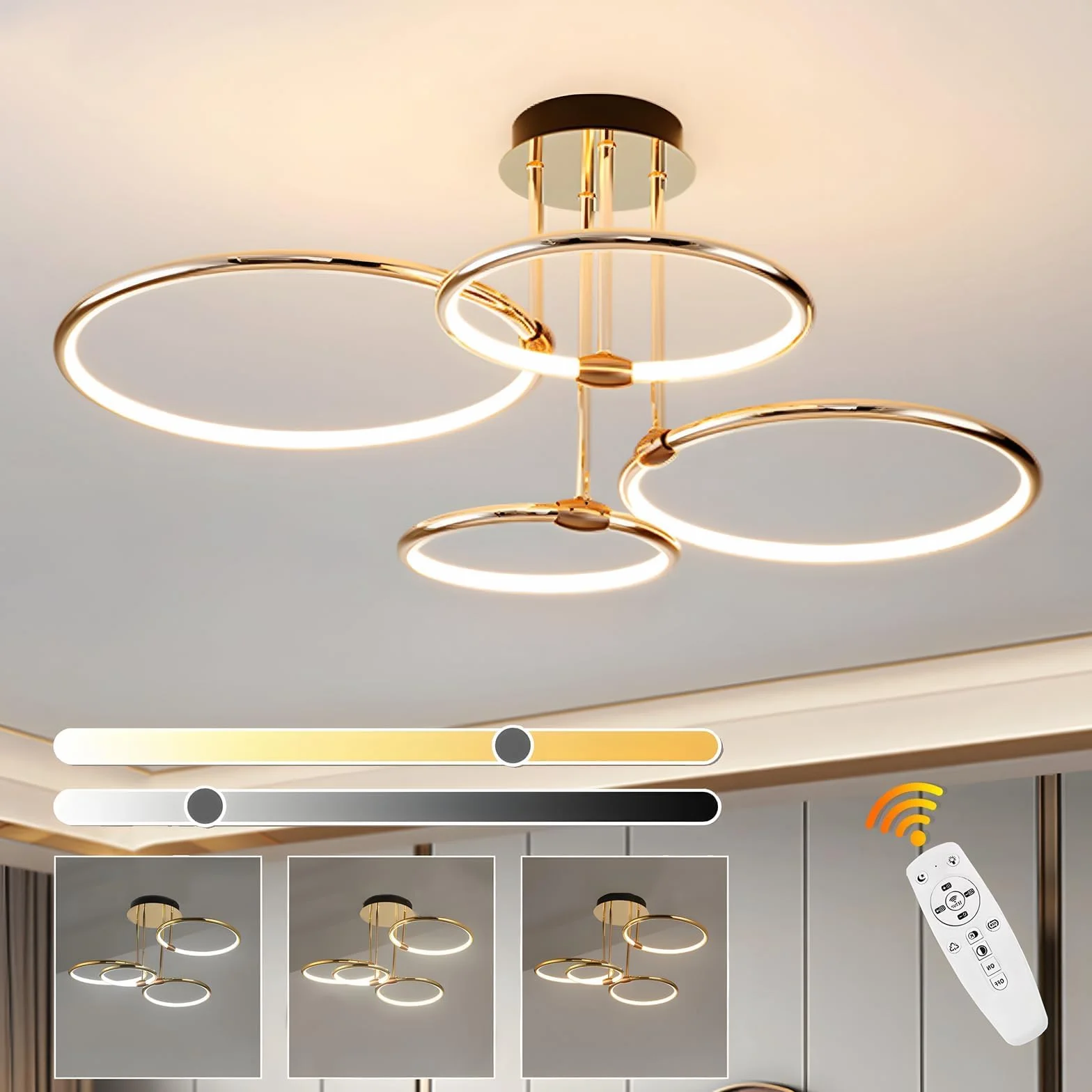 4 Okrągłe Pierścienie Złota Lampa Sufitowa Led, Ø75cm Żyrandol O Średnicy, 85W Bezstopniowo Przyciemniana, Kreatywna Metalowa Galwanizowana Lampa Wisząca, Nowoczesna Lampa Do Sypialni, Salonu Biura