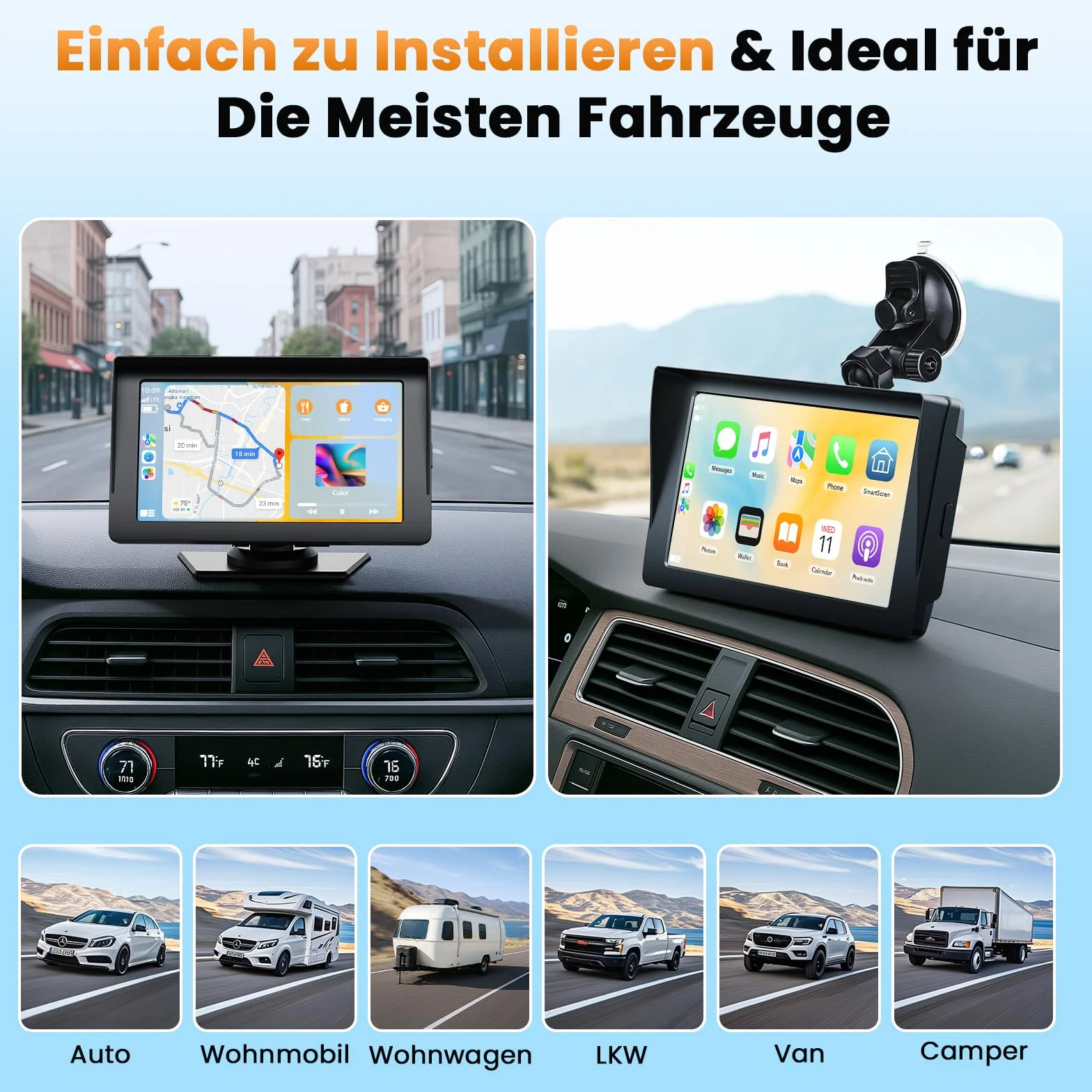 Volam Bezprzewodowy wyświetlacz Carplay Android Auto z 7-calowym ekranem dotykowym, ekran Car Play z nawigacją GPS, asystent głosowy, Mirror Link, Bluetooth 5.0, AUX, FM