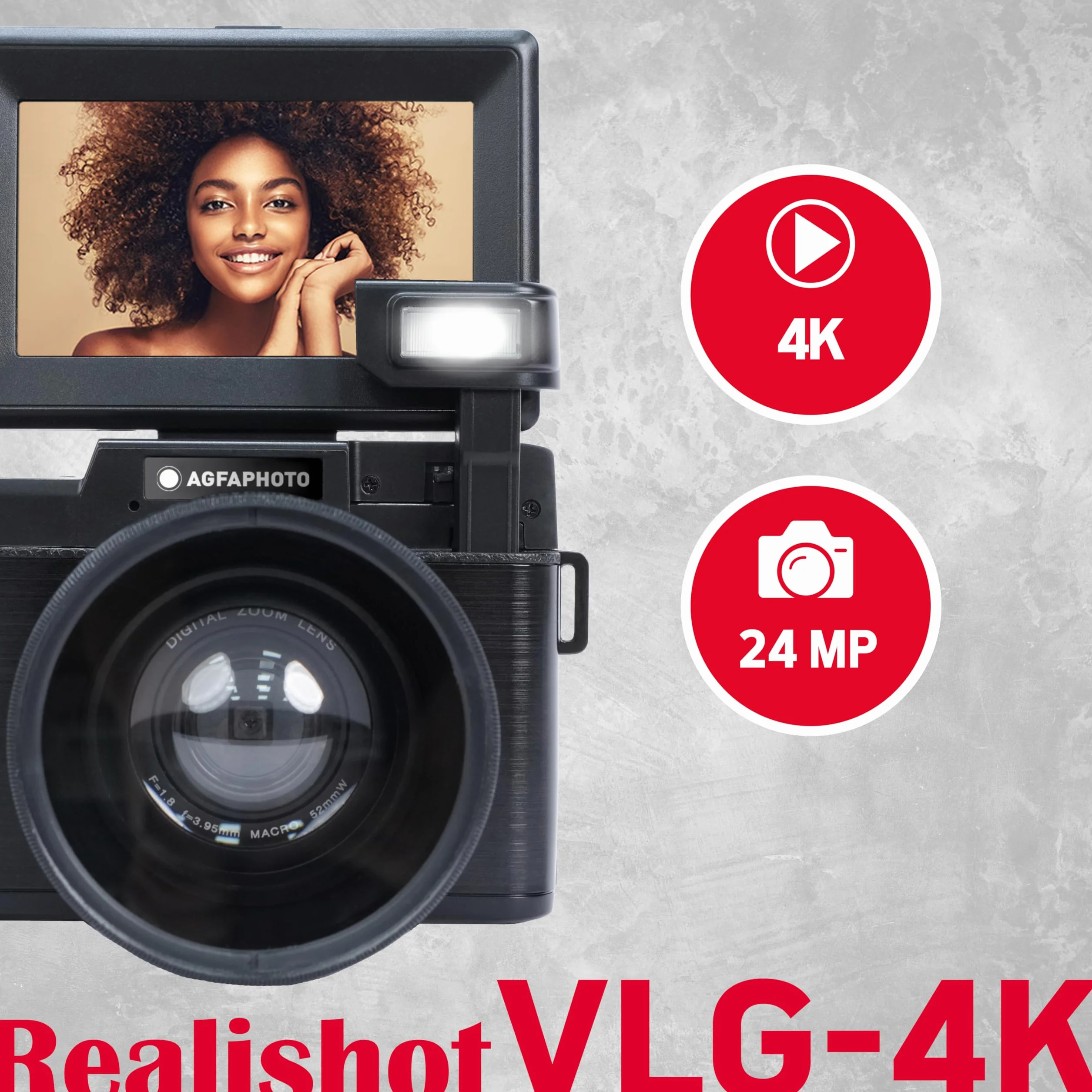 AgfaPhoto Realishot VLG-4K kamera 24 MP 4K 3-calowy ekran LCD 16-krotny zoom cyfrowy czujnik CMOS czarny