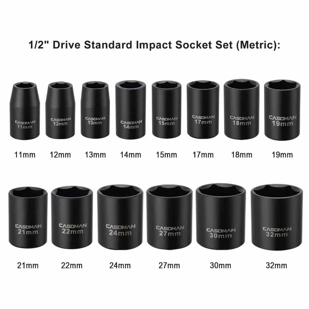 CASOMAN 14-częściowy standardowy zestaw nasadek udarowych 1/2", metryczny, 6-punktowy, 11 mm do 32 mm