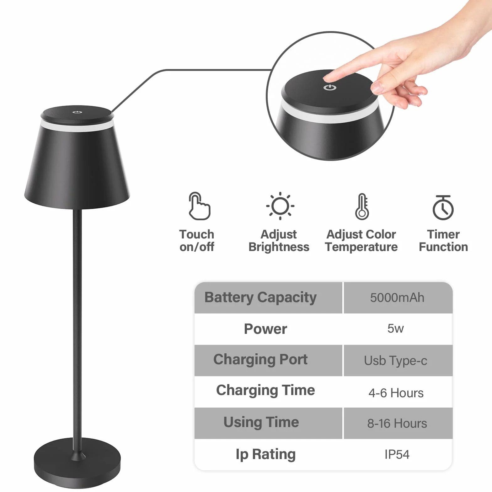 Neoglint Ściemniana lampa stołowa LED, ze stacją ładującą USB, obsługuje typ C, bezprzewodowa, sterowanie dotykowe, z pilotem zdalnego sterowania, IP54,3 regulacja jasności barwowej, czarna