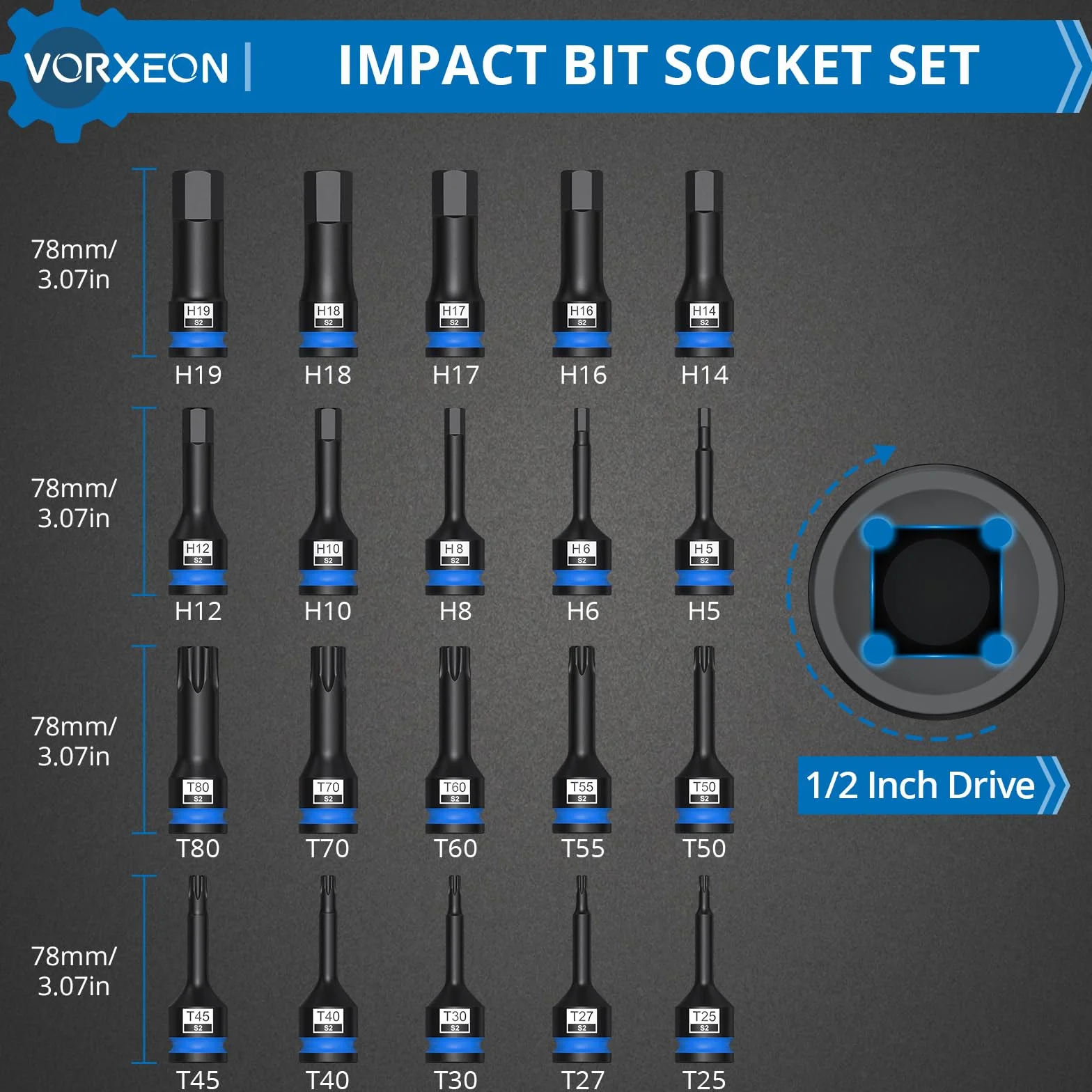 Zestaw 10 sztuk 1/2" kluczy sześciokątnych 5-19mm & 10 sztuk kluczy z końcówkami Torx T25-T80, materiał ulepszony Stal S2 z pudełkiem do przechowywania