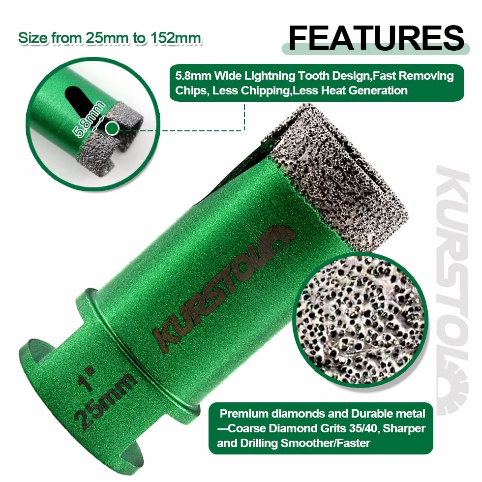Zestaw otwornic do płytek - 6 szt. diamentowych wierteł rdzeniowych 25/35/50/65/75/102 mm + 1 szt. 3/4" diamentowy frez na palec 5/8-11 cm nić do porcelanowych płytek ceramicznych granitowych marmurowych szlifierka kątowa