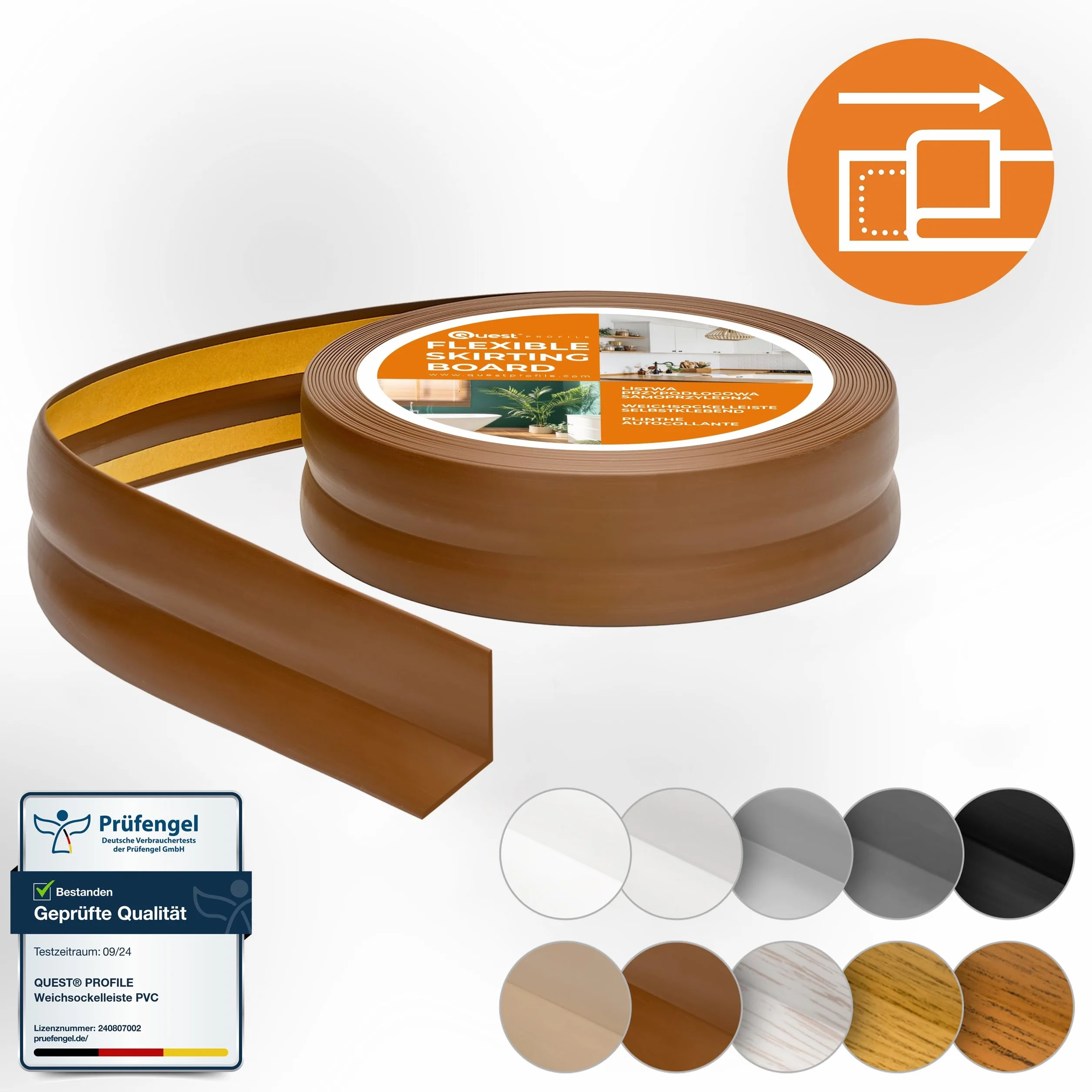 QUEST Listwa przypodłogowa PVC 32x23 mm, samoprzylepna elastyczna, miękka listwa podłogowa, cokołowa, ciemny brąz, 15 m