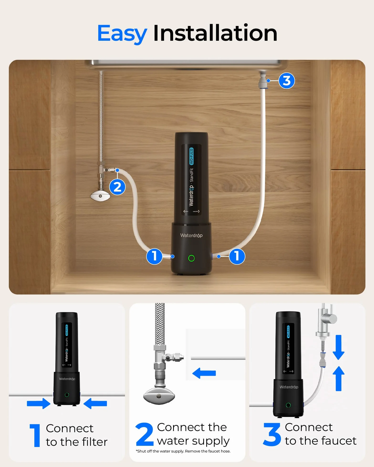 Waterdrop UL12B system filtrów do wody pod stół, z kranem, nie wymaga wiercenia, łatwa instalacja, redukuje PFA, ołów, chlor, nieprzyjemny smak i zapach, 11000 litrów