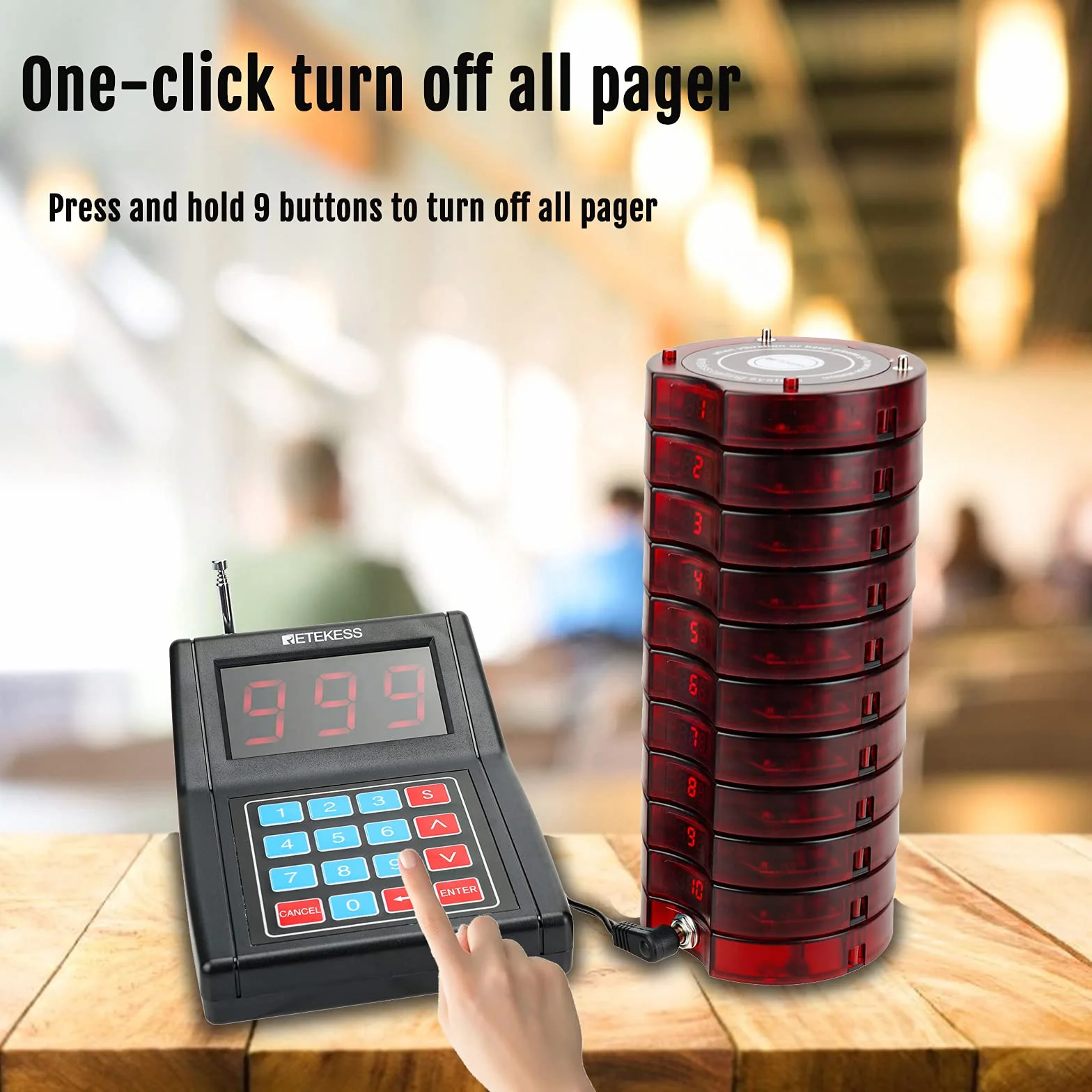 Retekess TD165 Pager Buzzer Restauracji, 999 Kanałów, Zasięg 300m, 10 Podstawek Akumulatorów, 3 Tryby Połączeń