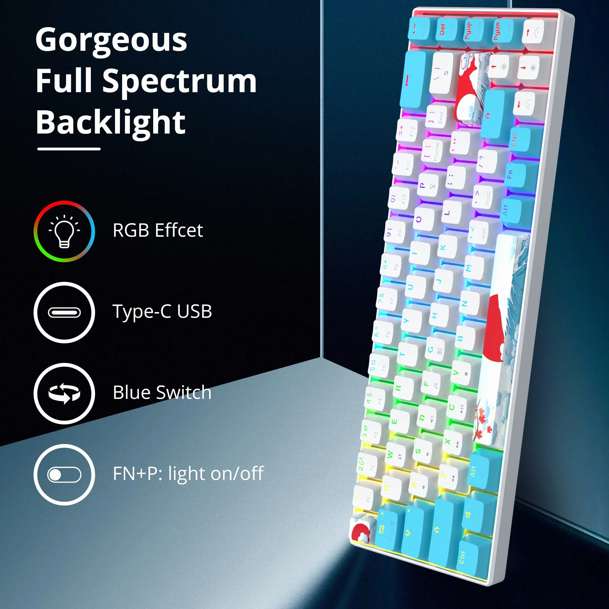 Przewodowa mechaniczna klawiatura do gier 65% z niebieskim przełącznikiem RGB 68 klawiszy N-Key Rollover do PC PS5 Xbox niebieski