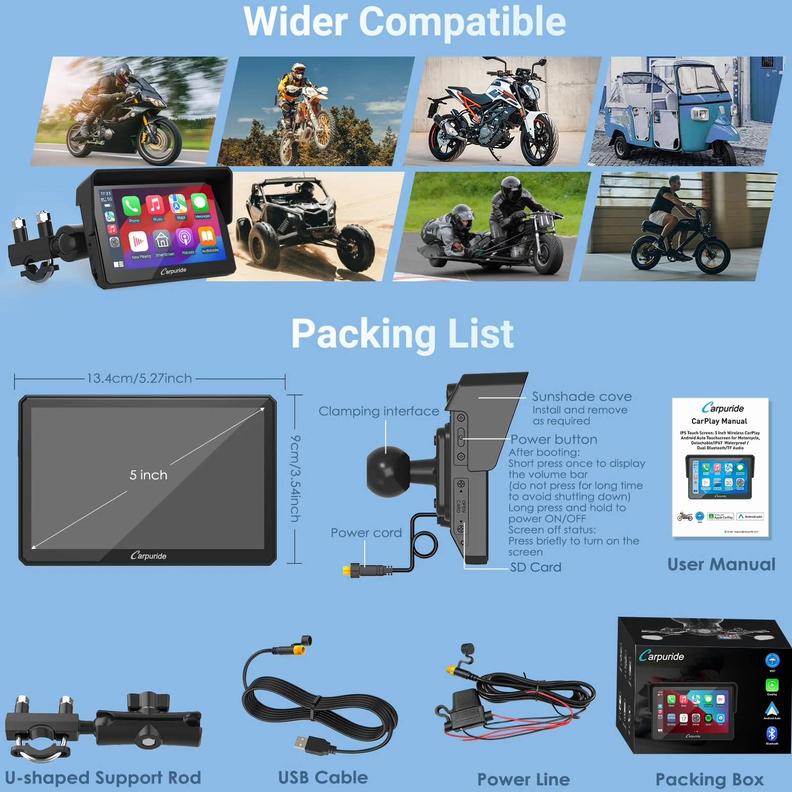 Carpuride W502 Ekran motocyklowy 5" GPS CarPlay Android Auto wodoodporny IP67 Bluetooth