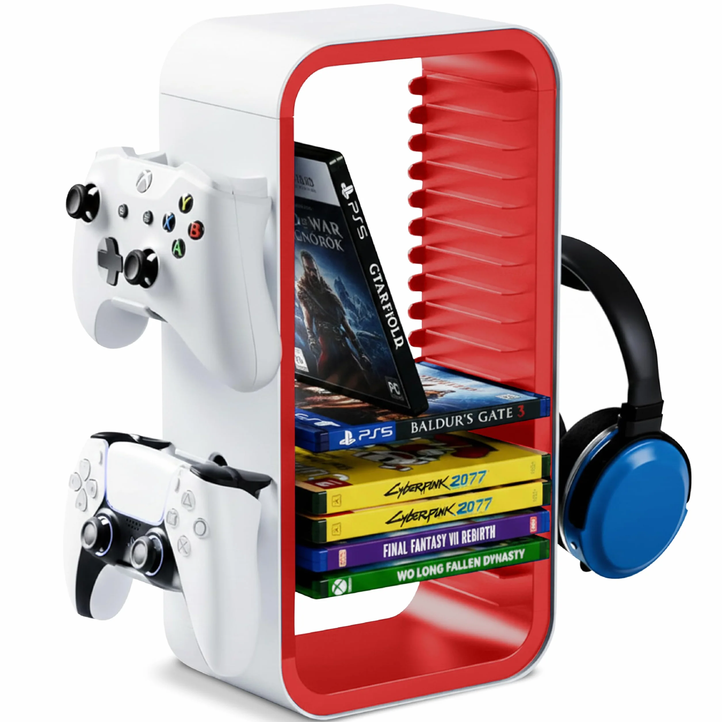 Universal Games Storage Tower Pro do 18 gier uchwyt kontrolera 4 gamepady akcesoria gamingowe PS5 PS4 Xbox Switch biały czerwony