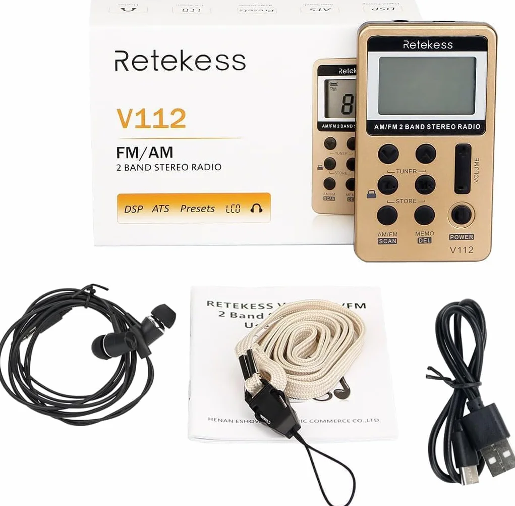 Retekess V112 Przenośne Radio AM FM ze Słuchawkami, Akumulator, Kieszonkowe