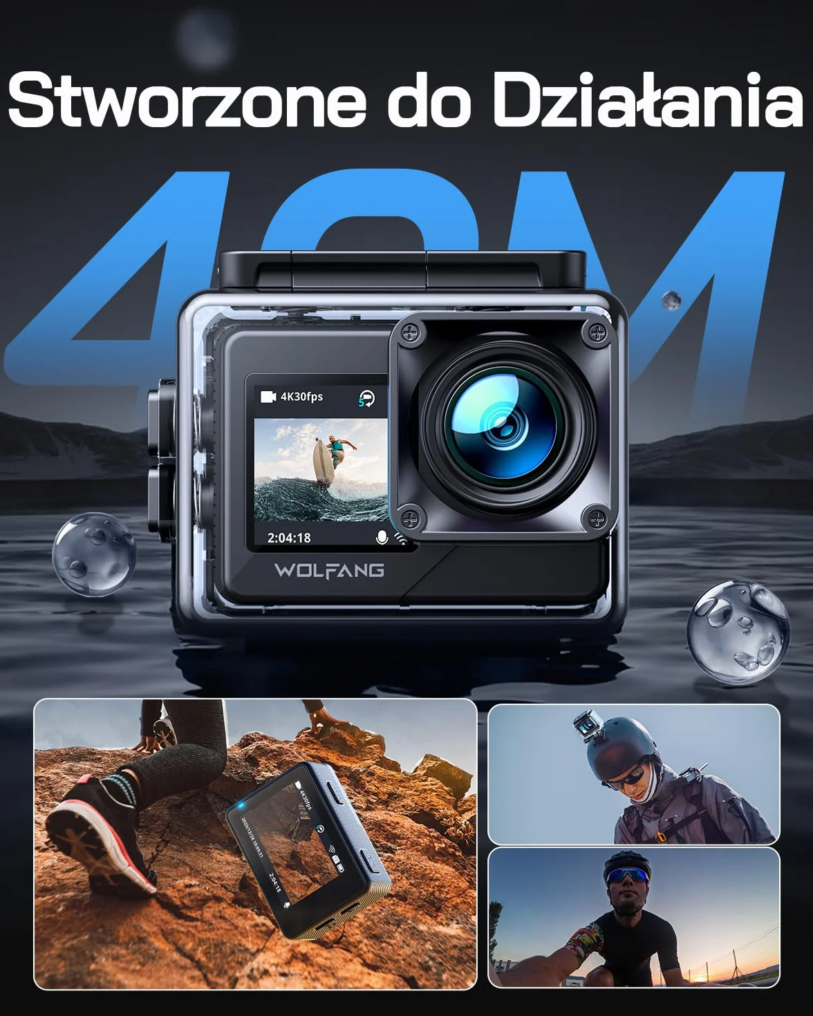 WOLFANG GA120 4K kamera sportowa 20 MP wodoodporna 40 m szerokokątna WiFi 170° z EIS