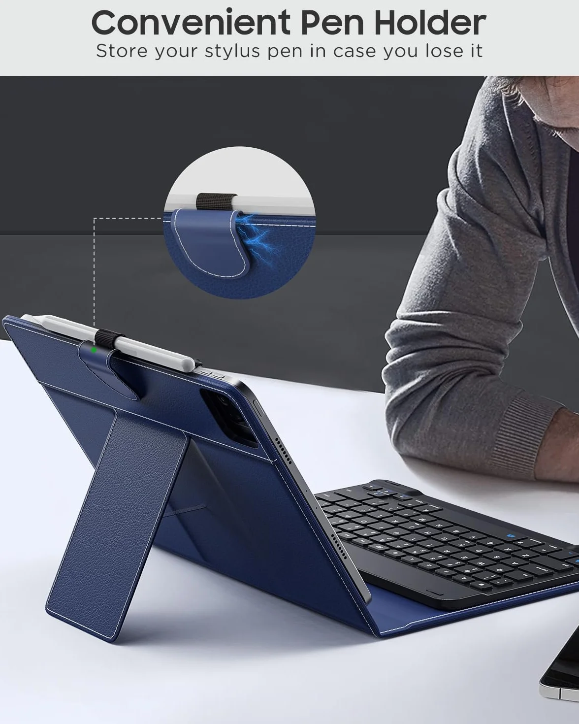MoKo Universal Tablet Case with QWERTY Bluetooth Keyboard for 9-11 Tablets, Pen Holder, Dark Blue