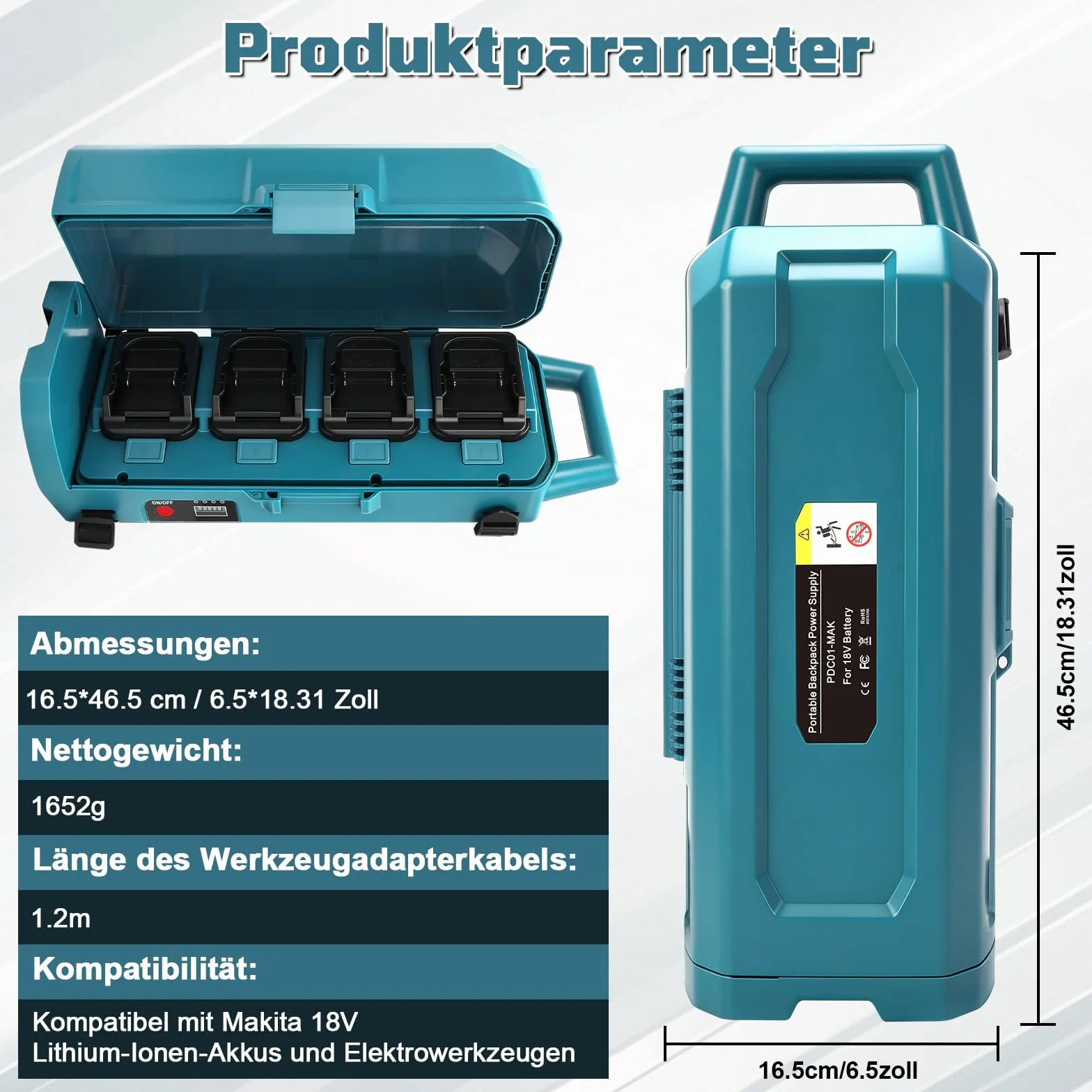 Przenośne źródło zasilania do Makita 18 V-21 V, 4-krotna stacja akumulatorowa, z kablem przedłużającym 1,2 m z wtyczką, energia zewnętrzna do elektronarzędzi Makita (bez akumulatora)