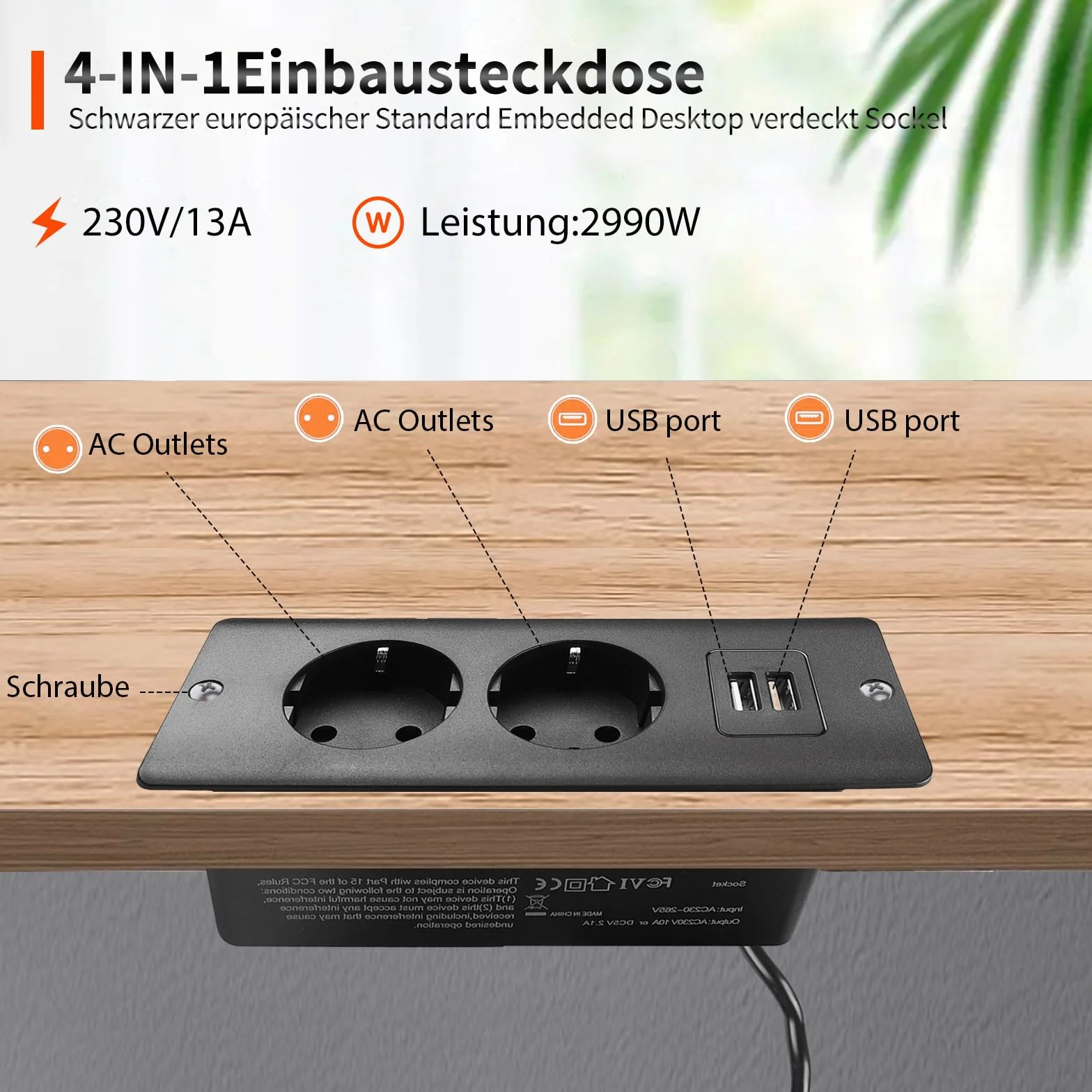 Wysuwane gniazdko elektryczne z 2 USB, listwa zasilająca do zabudowy, 2-drożna listwa zasilająca z kablem 1,6 m, blat stołu, wpuszczane gniazdko do zabudowy, gniazdko stołowe, do mebli lub powierzchni