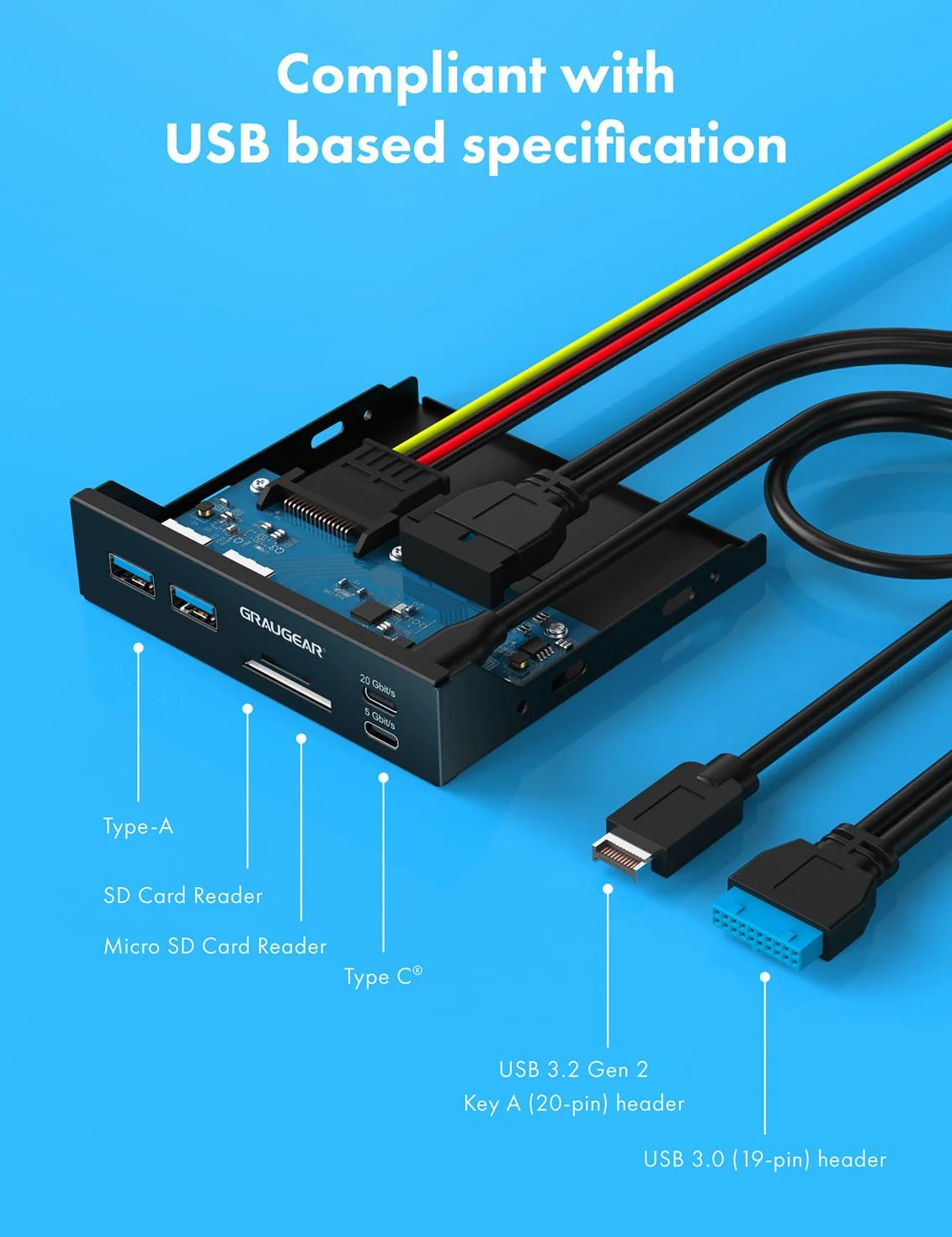 GRAUGEAR 6 interfejsów panel przedni o przekątnej 3,5 cala, USB3.2 Gen2 x 2 typ C do 20 Gbit/s, 2 x USB-A+USB-C, czytnik kart SD+microSD, Key-A 20-pin i 19-pinowy nagłówek, metal
