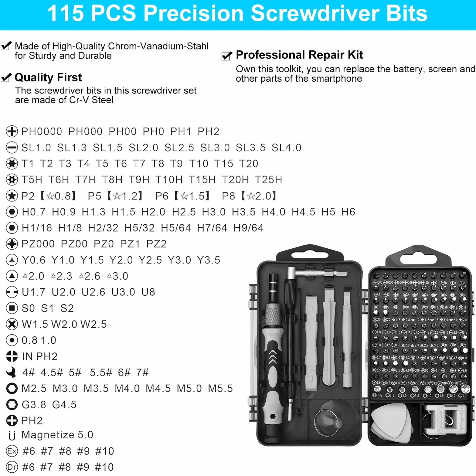 Zestaw wkrętaków precyzyjnych 115 w 1, precyzyjne narzędzia z 98 bitami, do komputera, laptopa, PS5, iPhone'a, tabletu, Xbox, zabawek, zegarków, aparatów fotograficznych