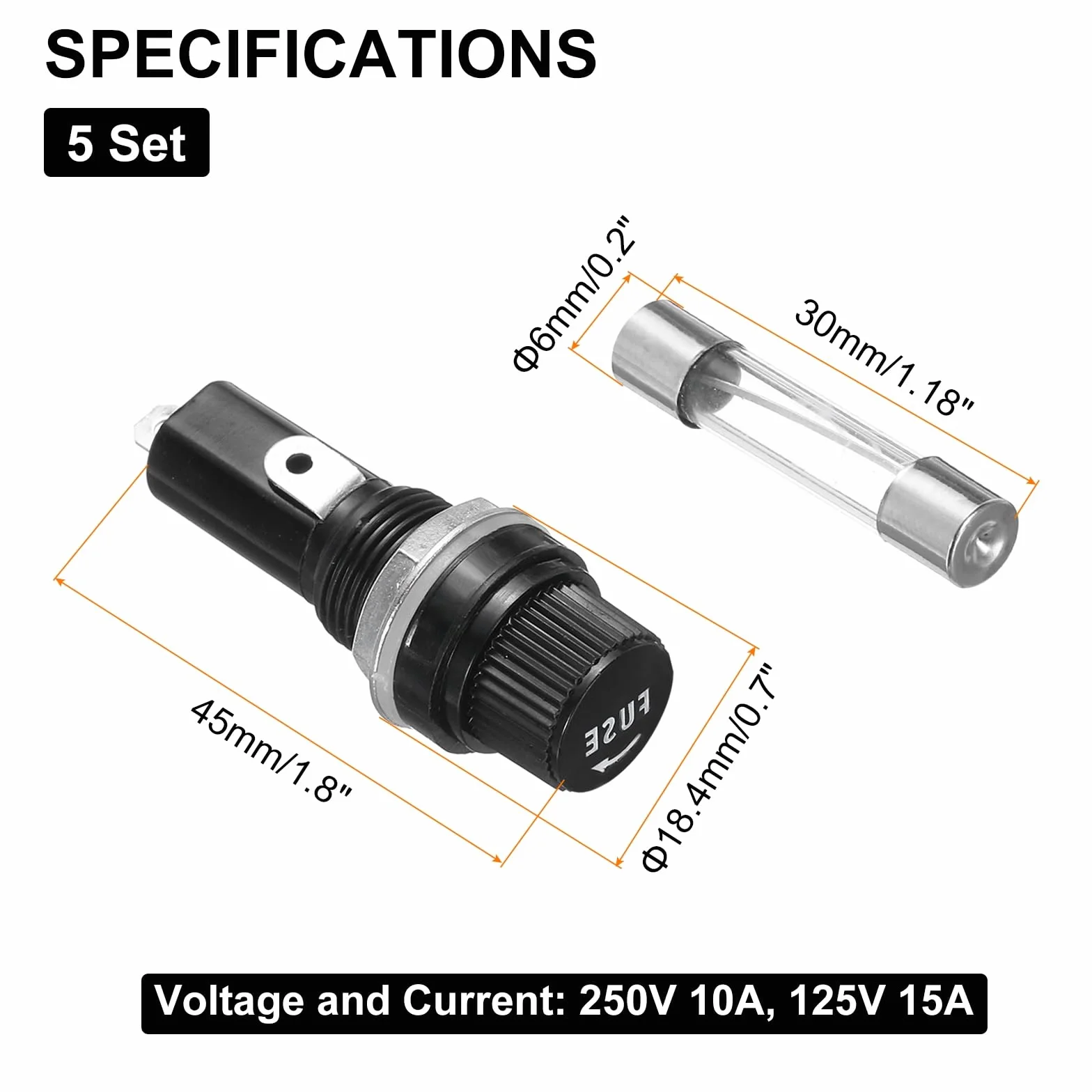 QUARKZMAN Bezpieczniki panelowe 45x18,4mm 250V 125V 20A z nakrętką 6x30mm szybkie rury bezpiecznikowe