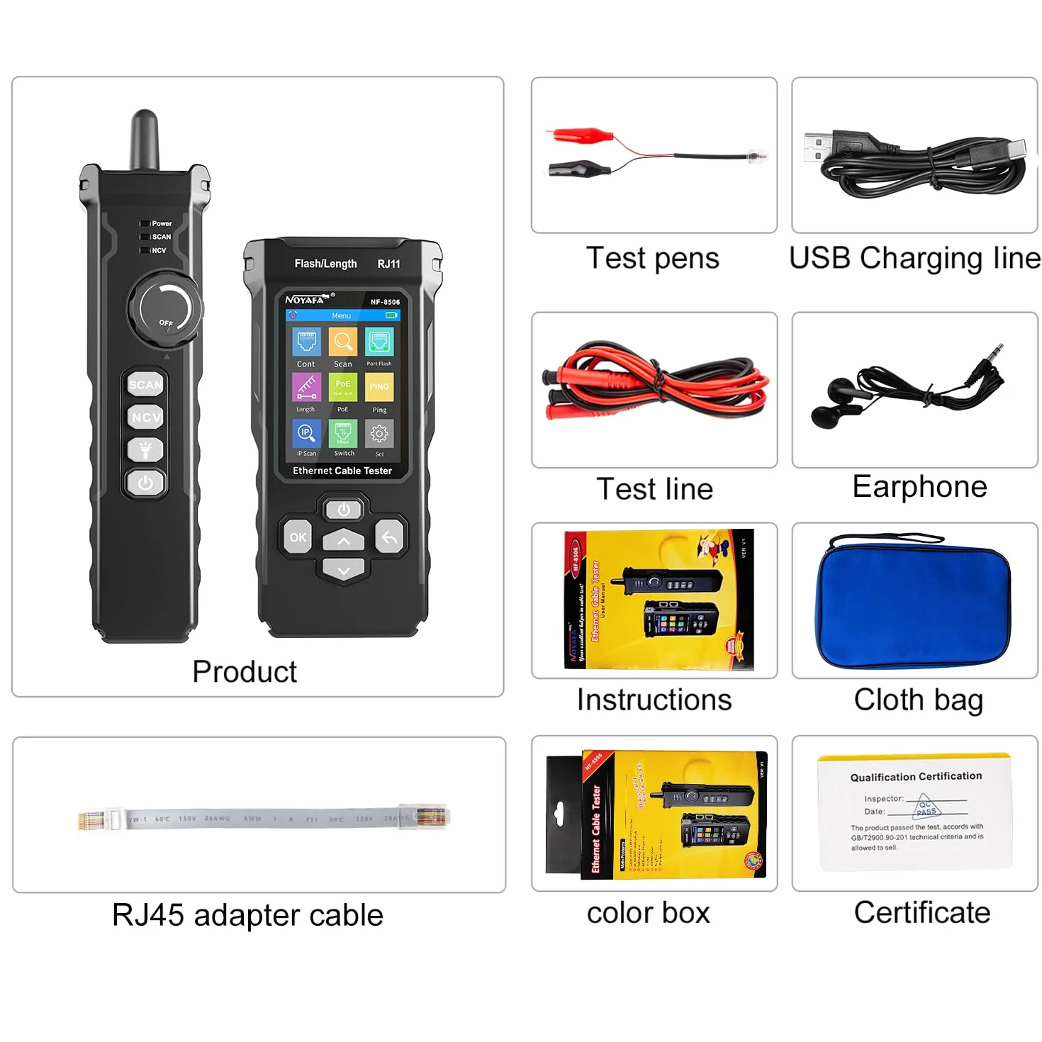 NOYAFA Tester kabli sieciowych ze skanerem IP, tester Ethernet CAT5E CAT6, test Ping PoE, miganie portów, toner kablowy TDR do RJ11 RJ45 Ethernet