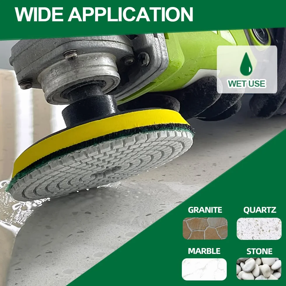 Diamond Polishing Pads Set - 10 szt. 100 mm Wet Countertop Polishing Pads + 1 szt. Plastic Body+ 1 szt. Adapter M14 Thread to Round Shank do granitu, kwarcu, marmuru