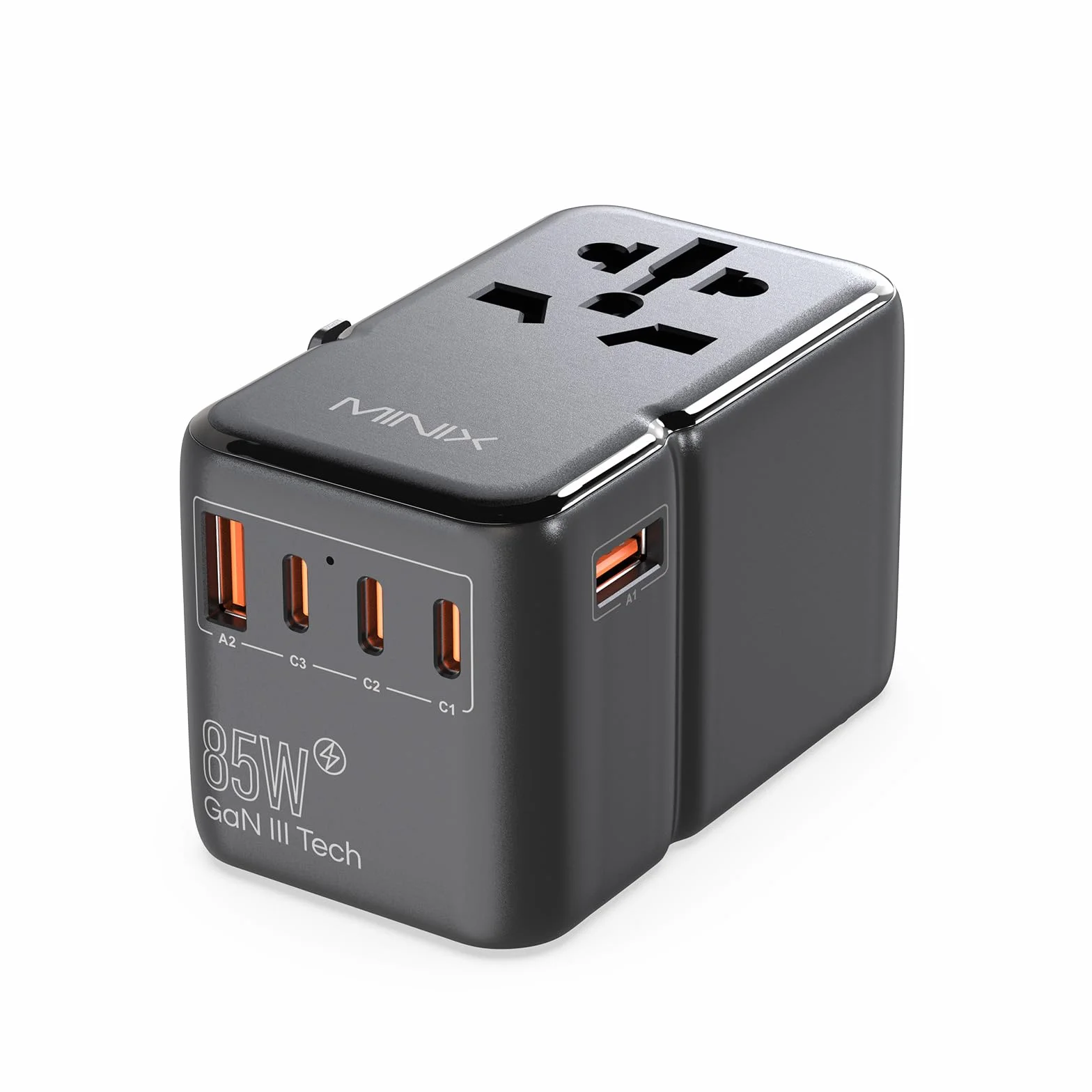 MINIX Uniwersalny adapter podróżny, międzynarodowy zasilacz 85 W GaN III, 3 porty USB-C, 2 porty USB-A, gniazdo AC, ładowarka podróżna na całym świecie do laptopów, tabletów, telefonów i innych.