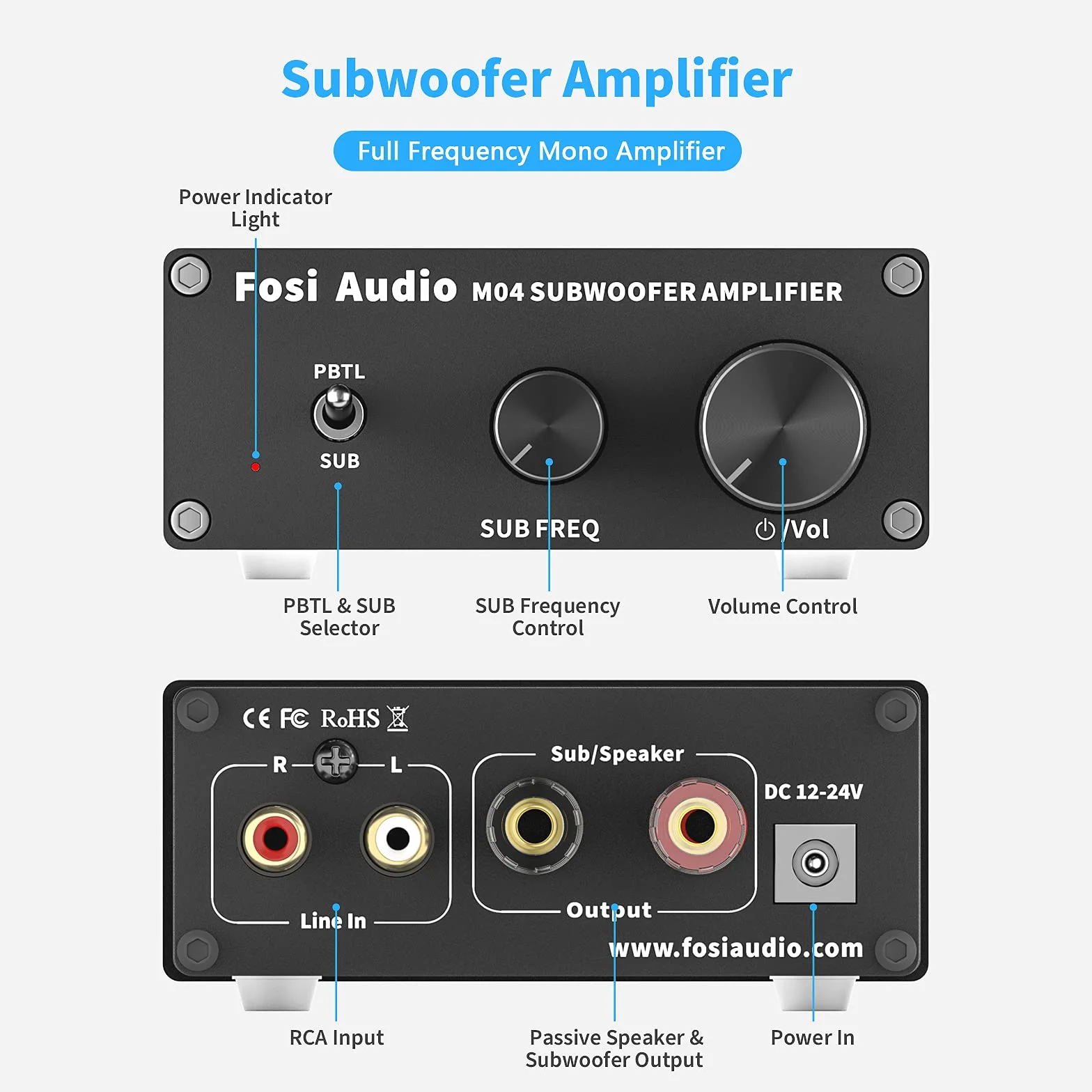Fosi Audio Wzmacniacz subwoofera M04 100 W TPA3116 mini monokanałowy wzmacniacz subwoofera klasa D