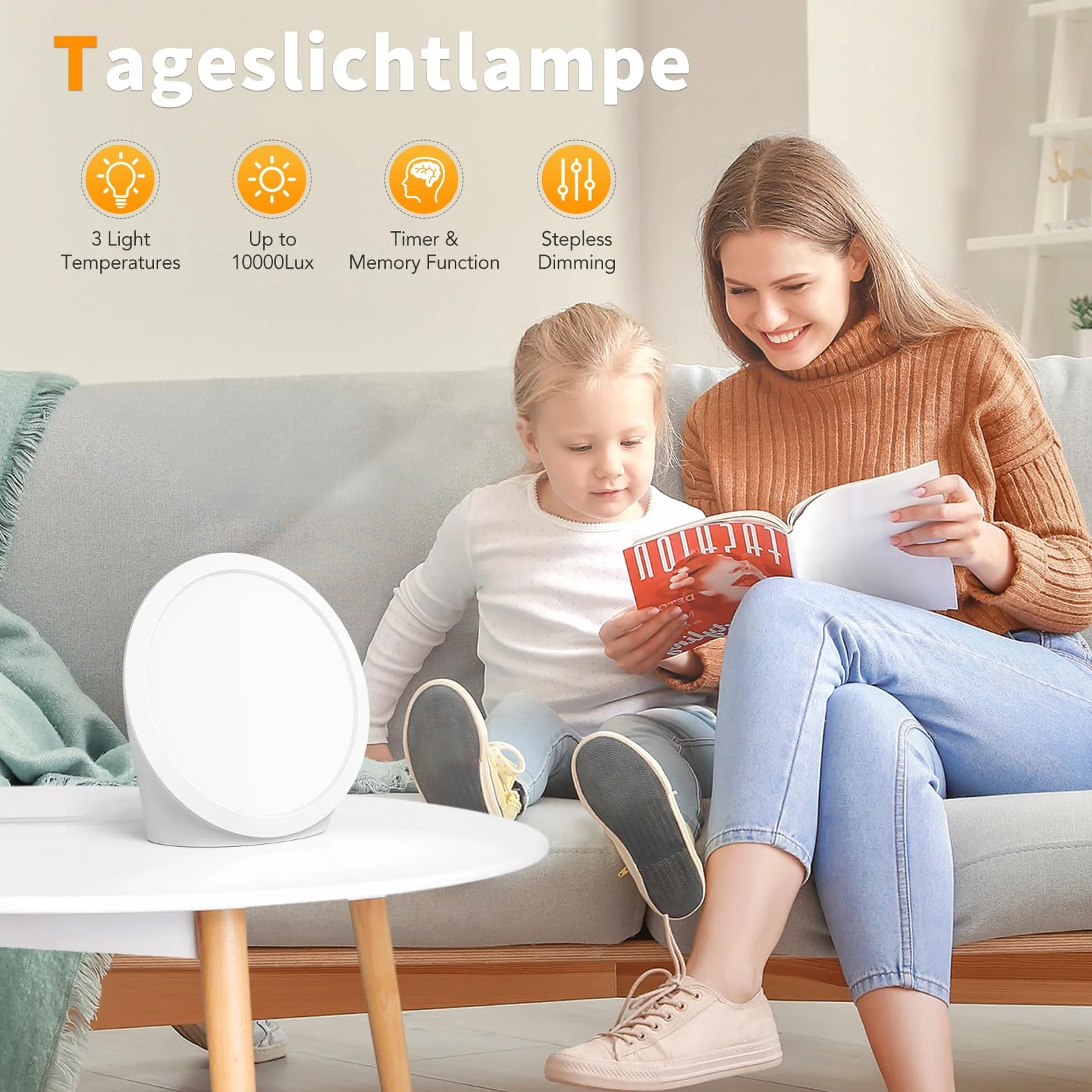 Lampa światła dziennego 10 000 lux światło słoneczne z 3 kolorami światła, 6 timerami, 5 regulowanymi intensywnościami światła i funkcją pamięci, lampa słoneczna bez promieniowania UV na biurko