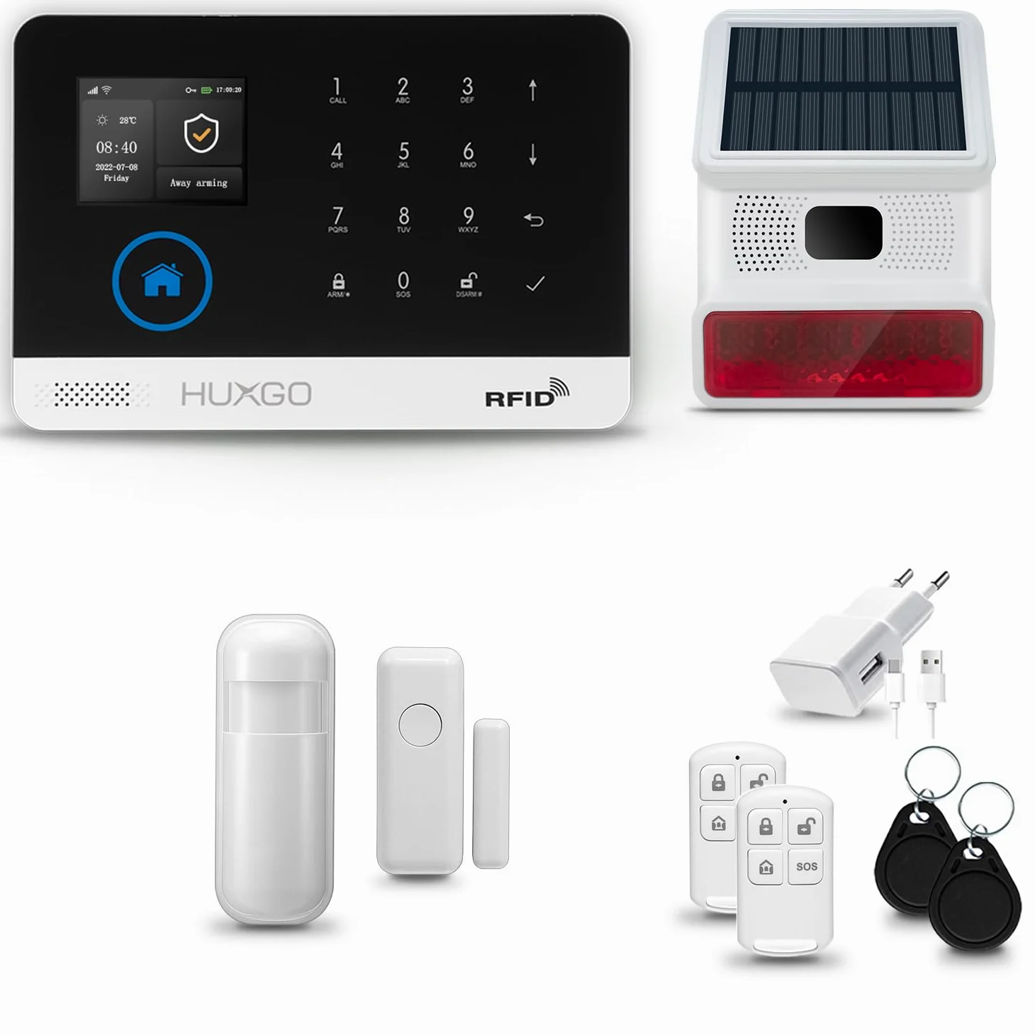 Alarm domowy bezprzewodowy z 1 czujnikiem ruchu, syrena solarna alarmowa | Moduły: WiFi + GSM 4G, Aplikacja TUYA Smart, Powiadomienia SMS język POLSKI
