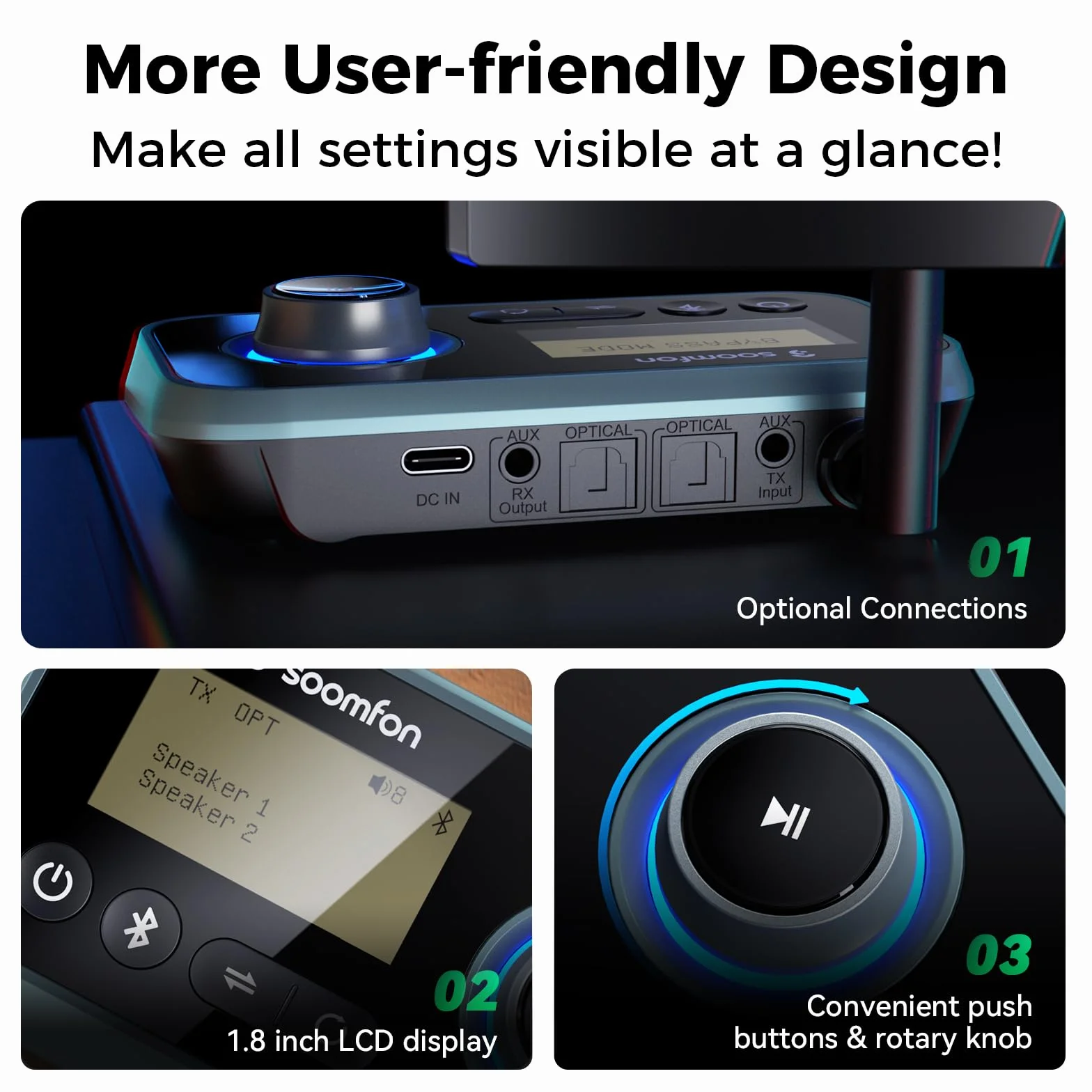Adapter audio Bluetooth 5.0, SOOMFON Bluetooth nadajnik-odbiornik 3-w-1 do telewizora, stereo, słuchawek, głośników - nadajnik-odbiornik Bluetooth z ekranem, 3,5 mm Aux, RCA, kabel optyczny