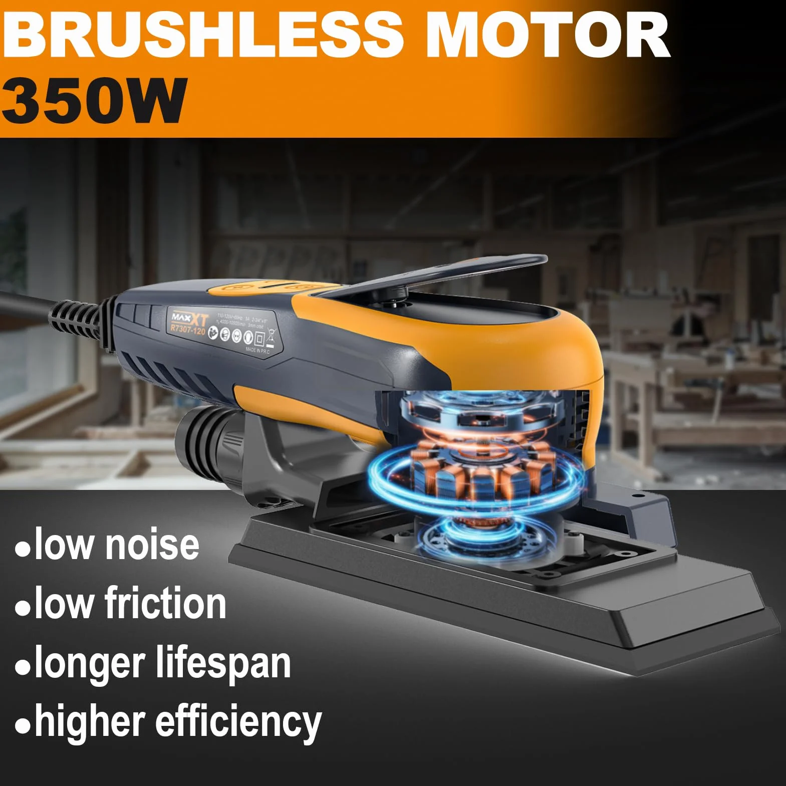 3,0 mm MAXXT 350 W, bezszczotkowa szlifierka mimośrodowa, regulowana prędkość 4000-10000/obr./min, automatyczne hamulce 2s, automatyczne zbieranie kurzu, powierzchnia szlifierska 198x70mm, 10 arkuszy