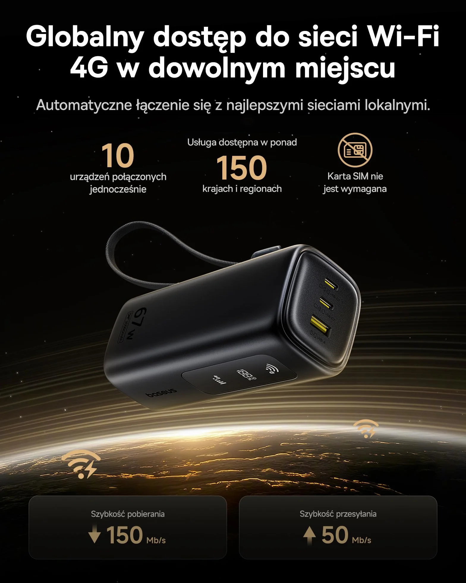 Baseus Mobilny router WLAN, przenośny hotspot, akumulator 20000 mAh 67 W