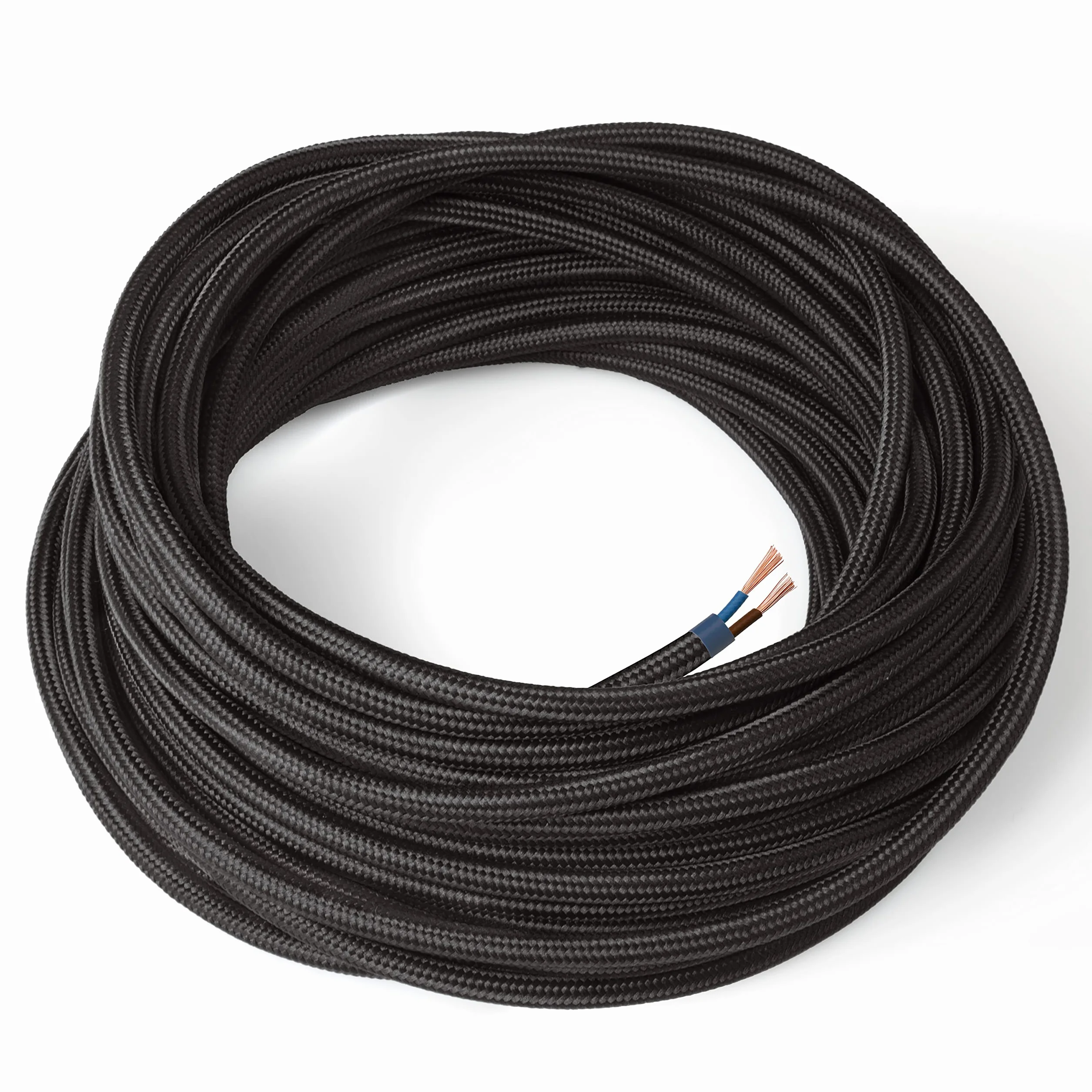 Amarcords - Kolorowy tekstylny kabel elektryczny CZARNY, okr?g?y, jedwab, 50 metrów, z dwoma przewodami 2x0,75 - Pokryty kolorow? tkanin? vintage kabel do lamp, yrandoli, kinkietów i aba?urów