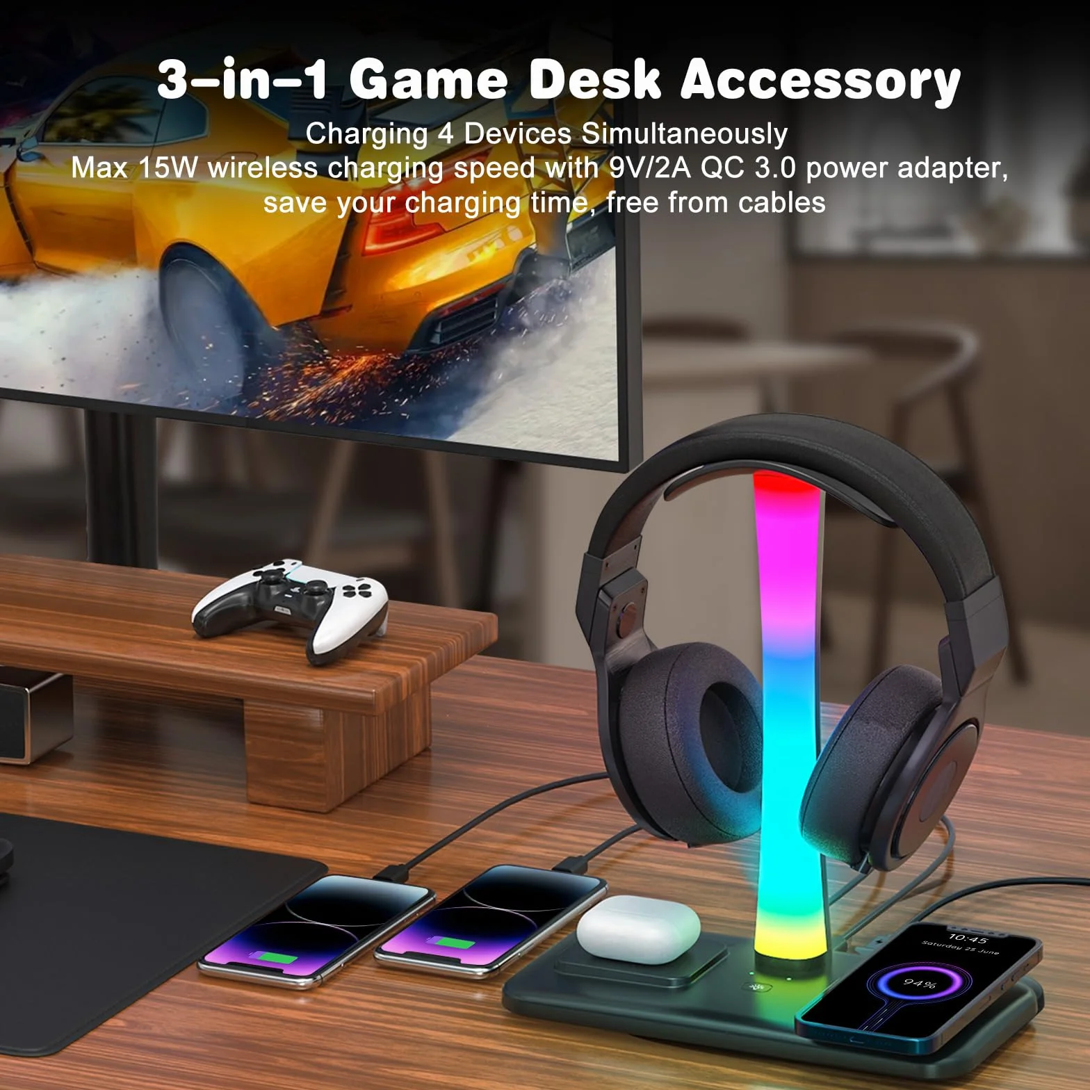 Stojak 3 w 1 RGB Uchwyt na Słuchawki Gamingowe z Ładowarką 15 W i 9 Trybami Świecenia