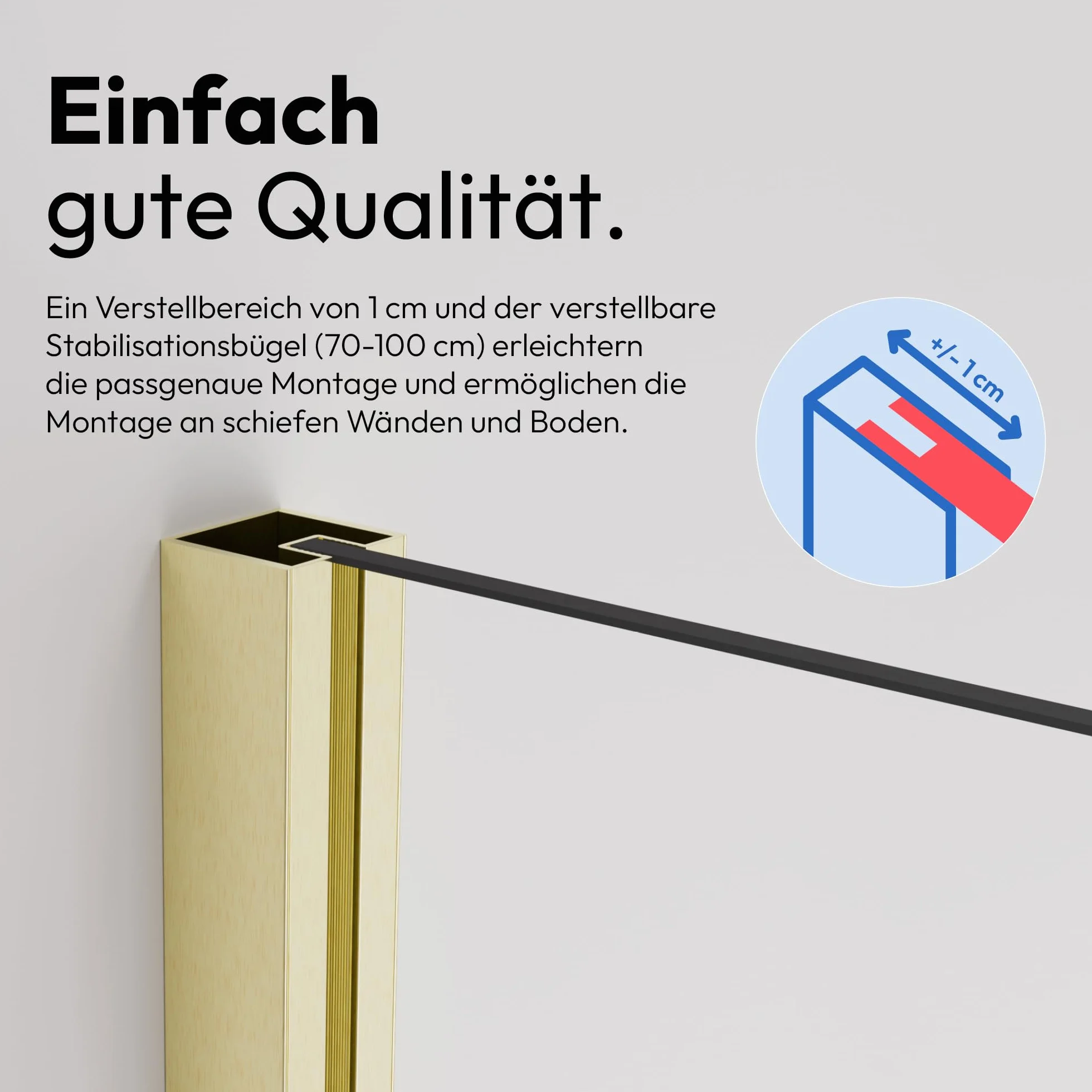 Ścianka prysznicowa Walk-In 120 x 200 cm – 8 mm szkło bezpieczne ESG, złota, dwustronna, rama aluminiowa, uchwyt stabilizacyjny 70-100 cm, łatwy montaż, nowoczesna kabina prysznicowa