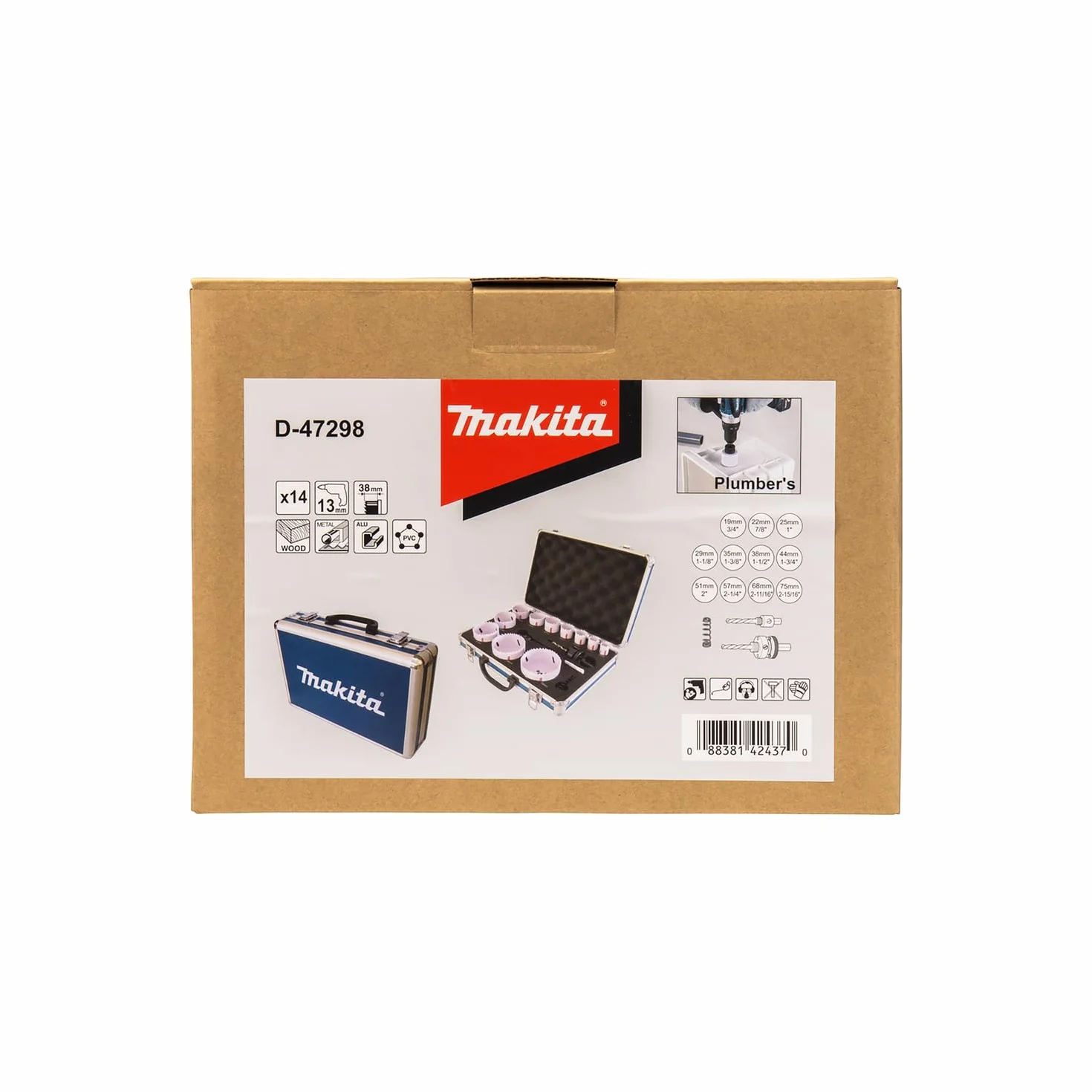 Makita D-47298 BiM 14-częściowy zestaw otwornic w aluminiowej walizce, bimetalowe otwornice Ø 19-75 mm, głębokość cięcia 38 mm, do drewna, metalu, aluminium, tworzywa sztucznego