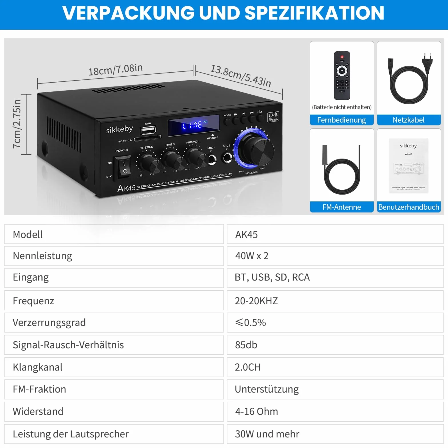Wzmacniacz HIFI AK45 600W Bluetooth Stereo 2-kanałowy 12V/220V Radio FM SD USB