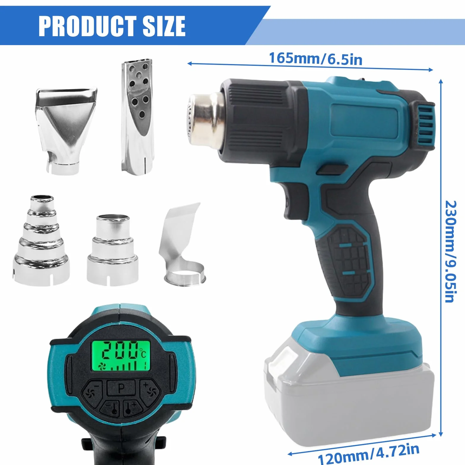Akumulatorowy pistolet na gorące powietrze do 18 V, 50-550 °C, z wyświetlaczem LCD i 5 dyszami ze stali nierdzewnej, regulowana temperatura i kontrola powietrza, suszarka do termoobiegu, do