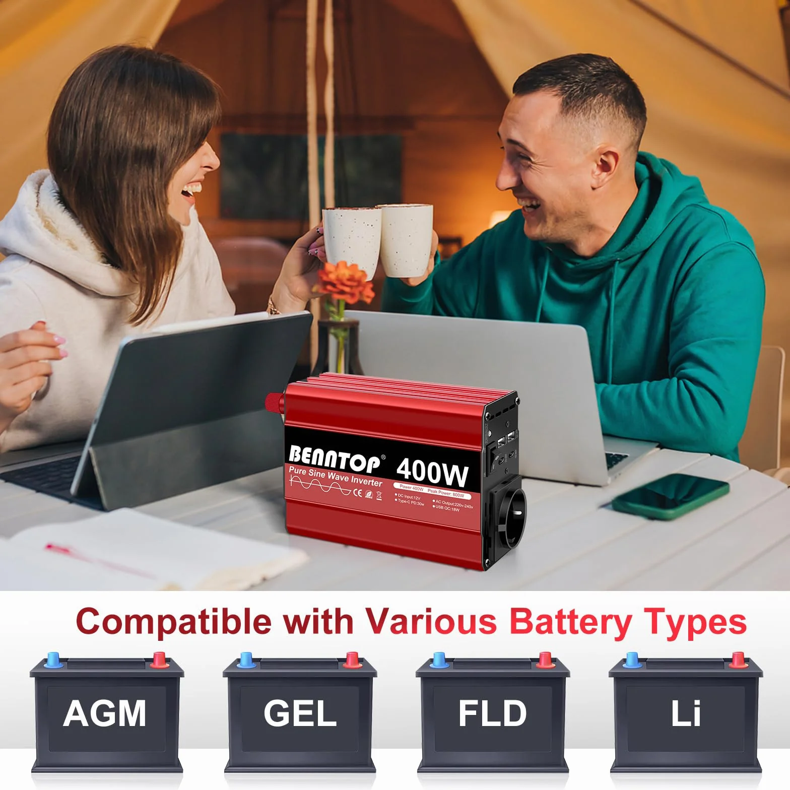 Konwerter 12V 230V 400W/800W Pure Sinus Falownik Samochodowy z 4 Portami USB