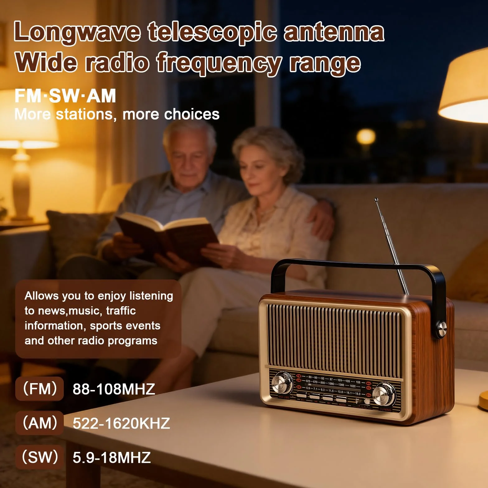 Radio retro Bluetooth 5.1 AM SW FM Vintage z baterią 1200 mAh USB/TF