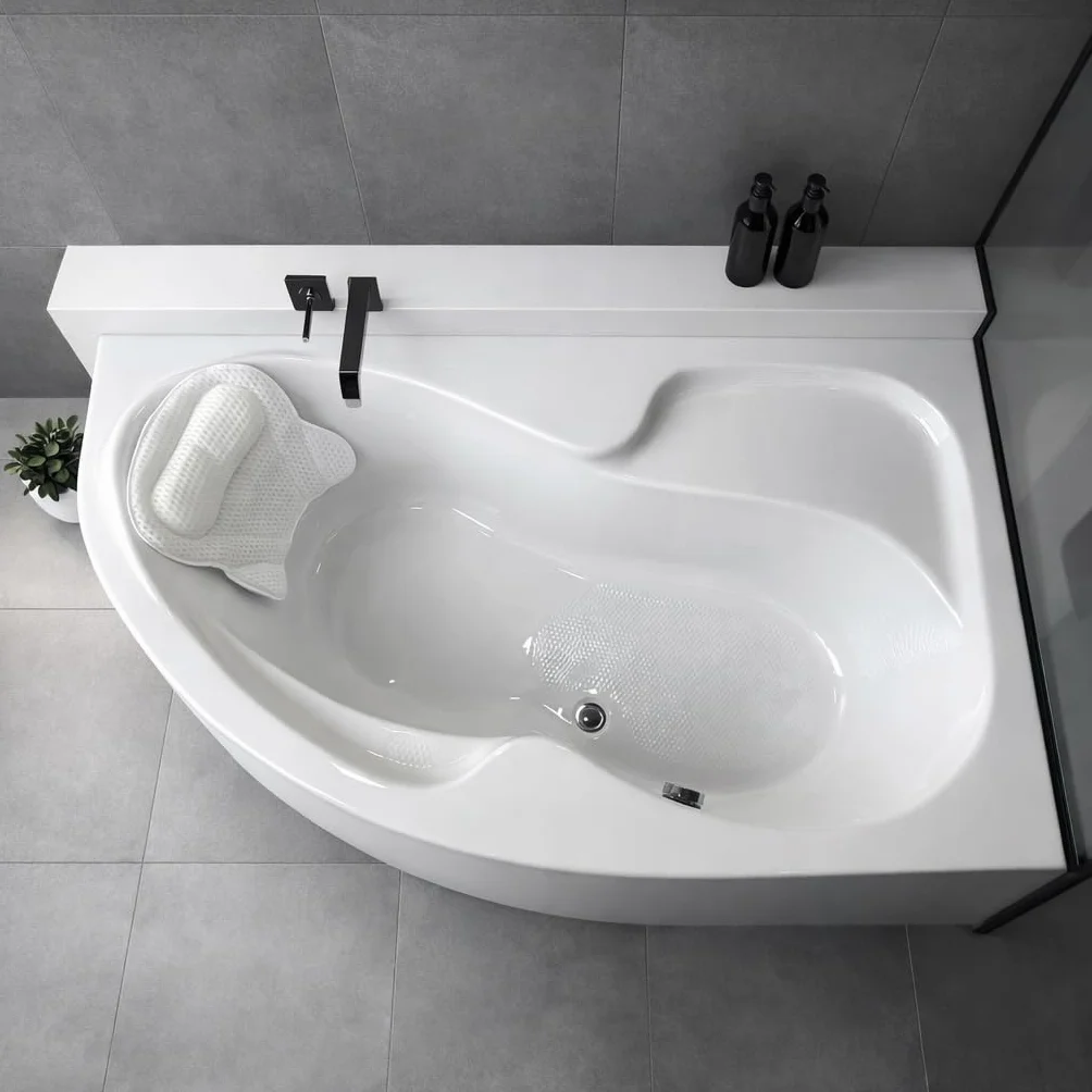 Wanna narożna ECOLAM® WELA 150x100 cm prawa z obudową | Wanna akrylowa Wanna sanitarna akrylowa + obudową akrylową + zagłówkiem Mare + automatycznym odpływem i przelewem | Antypoślizgowa, łatwa w piel