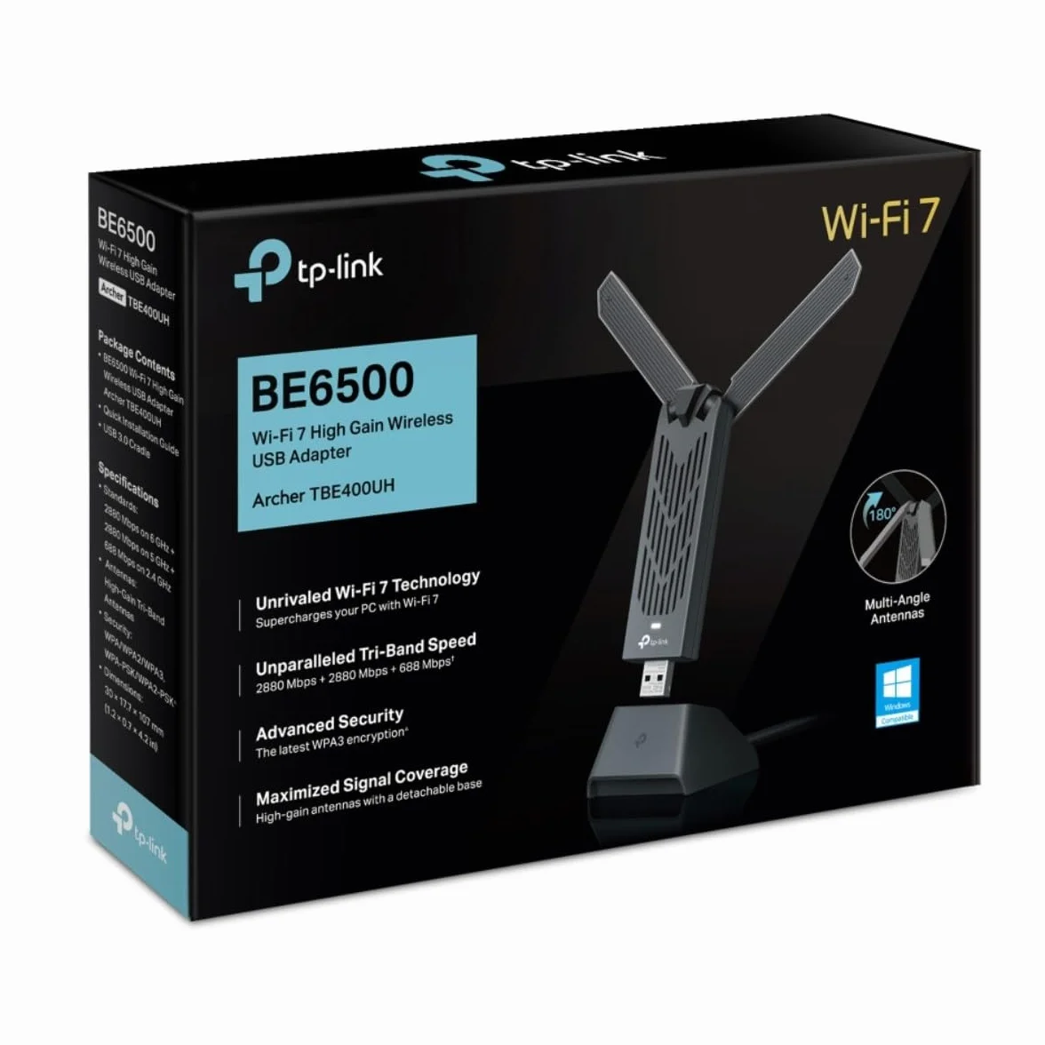 TP-Link Archer TBE400UH BE6500 Wi-Fi 7 Adapter USB Trójzakresowy 6 GHz 5 GHz 2,4 GHz USB 3.0 WPA3 Windows 10/11