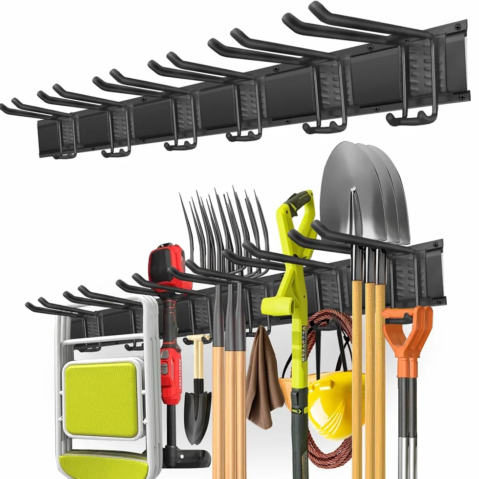 PIYILO Organizacja garażu, organizer na narzędzia garażowe, uchwyt ścienny z szynami 122 cm i 6 dwuwarstwowymi haczykami, stojak na narzędzia ogrodowe, wytrzymały, wiszący stojak do przechowywania