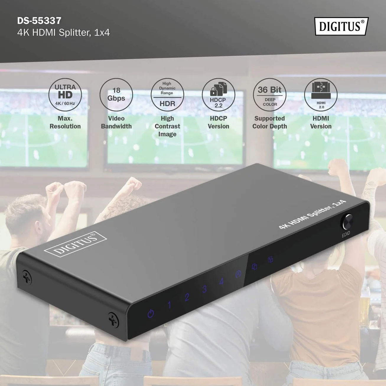 DIGITUS DS-55337 Rozdzielacz HDMI 1x4 - Wejście: 1-port/Wyjście: 4-port - UHD 4K/60 Hz HDTV: 3840 x 2160p - HDCP 2.2 - HDR, Deep Colour, przełącznik EDID, DTS, Dolby Digital, LPCM