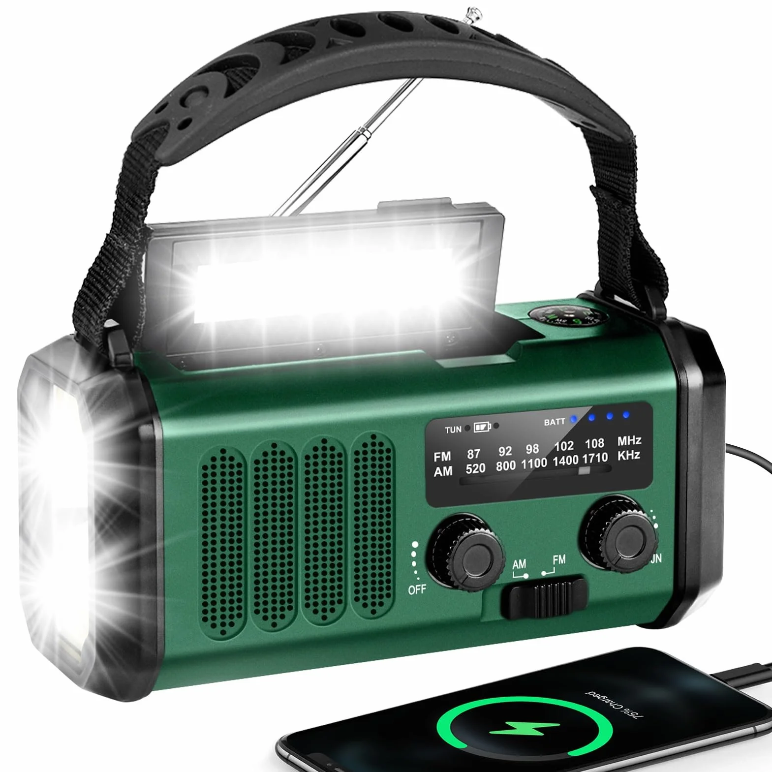 Radio Korbowe 20000mAh Akumulator Ładowalne AM/FM Latarka LED Alarm SOS Kompas Ciemnozielony
