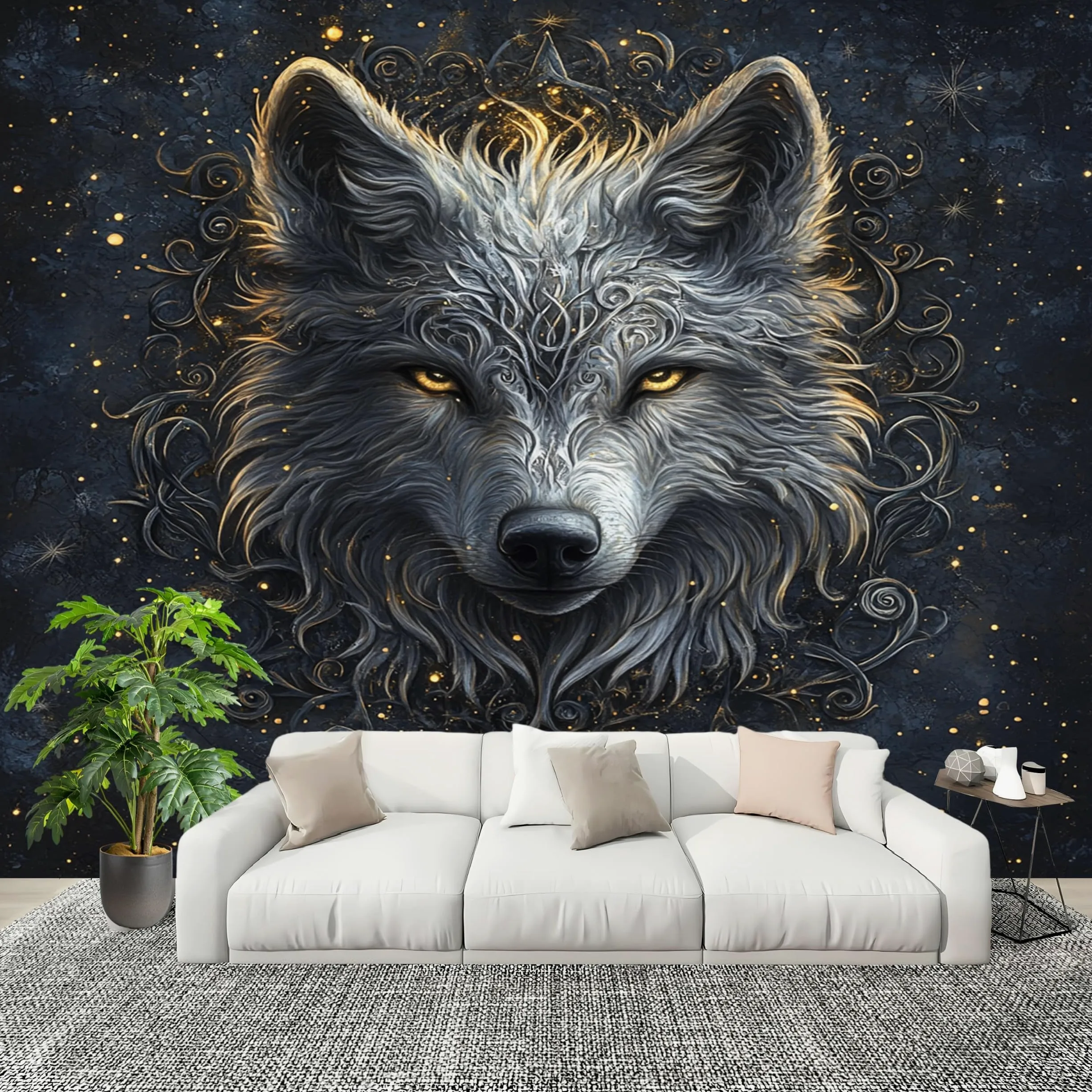 Dekoracja 3D, obraz ścienny, fantazja, głowa wilka, fototapeta, włóknina, druk artystyczny, czarny, dekoracja ścienna, ściana do salonu, jadalni, sypialni, mieszkania, obrazy ścienne 400 x 280 cm