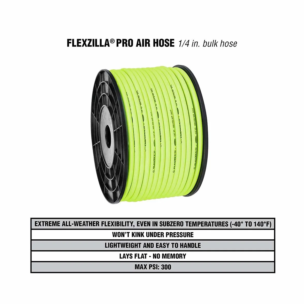 Flexzilla Pro wąż powietrza, luzem plastikowa szpula, 1/4 cala x 60 m, wytrzymały, lekki, hybrydowy, ZillaGreen - HFZ14250YW