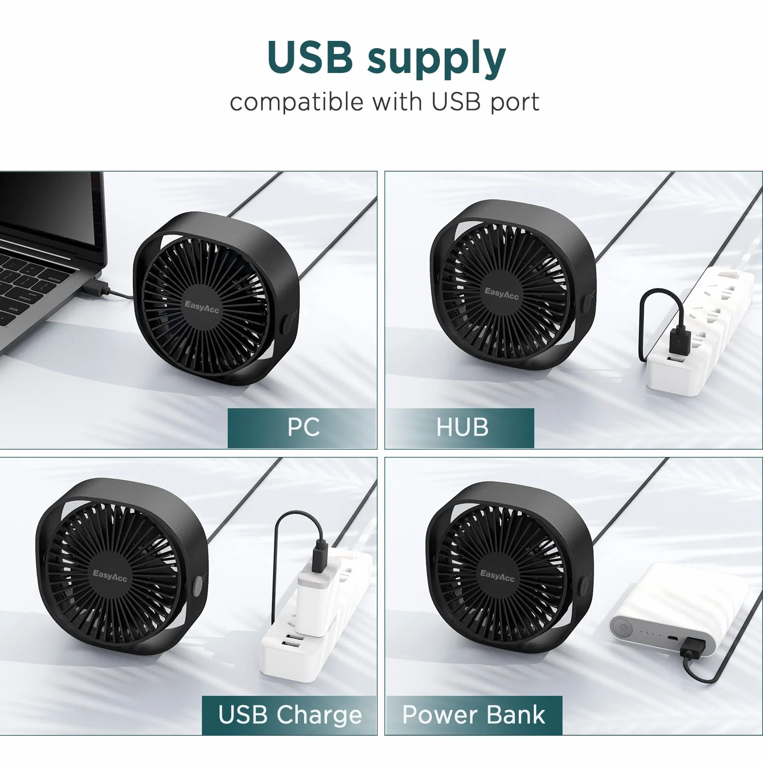 EasyAcc Mały wentylator biurkowy USB 3 prędkości głowica obrotowa 360°