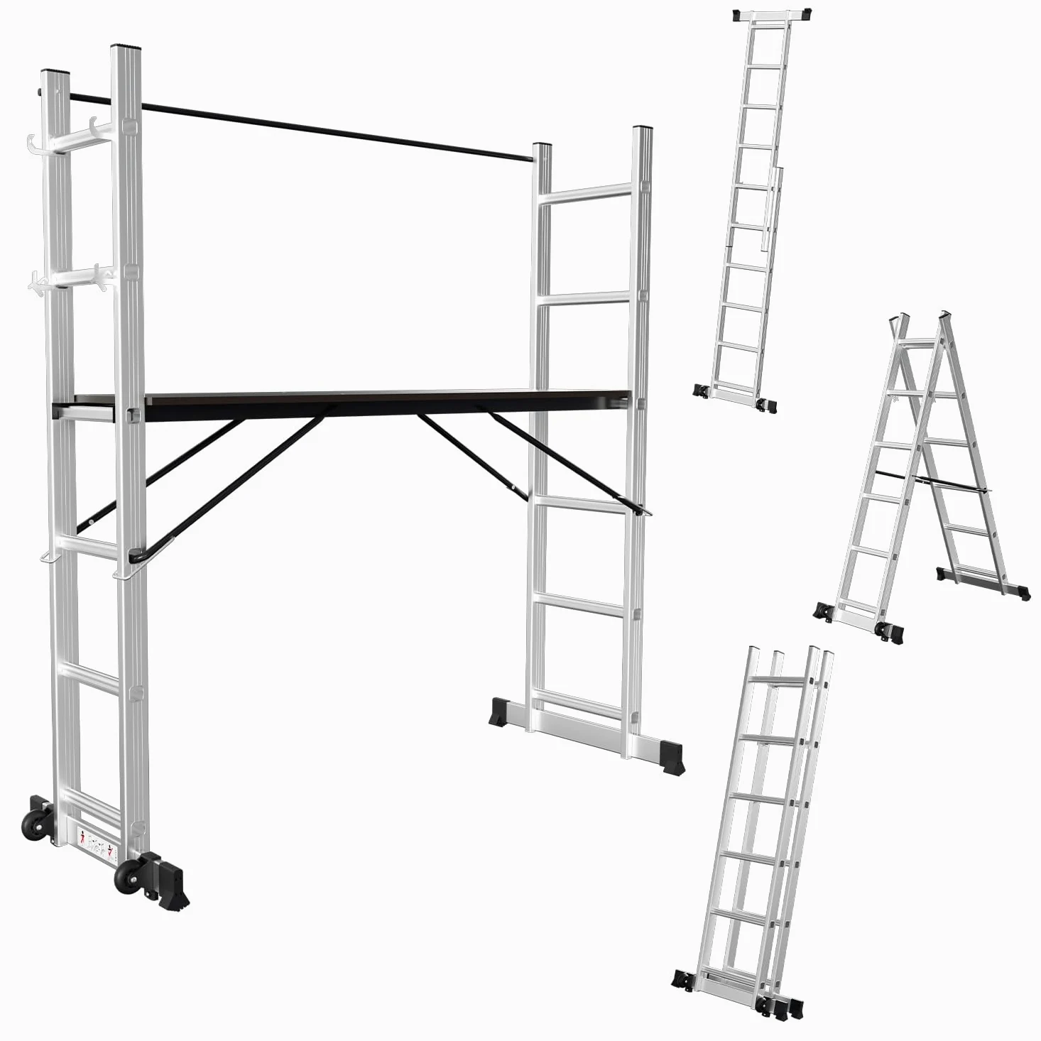 Fiqops Rusztowanie, aluminiowe rusztowanie 4 w 1, maks. 276 cm, obciążenie do 150 kg, uniwersalne rusztowanie budowlane, mobilna platforma robocza i 2 rolki, drabina rusztowań, rusztowanie na kółkach,