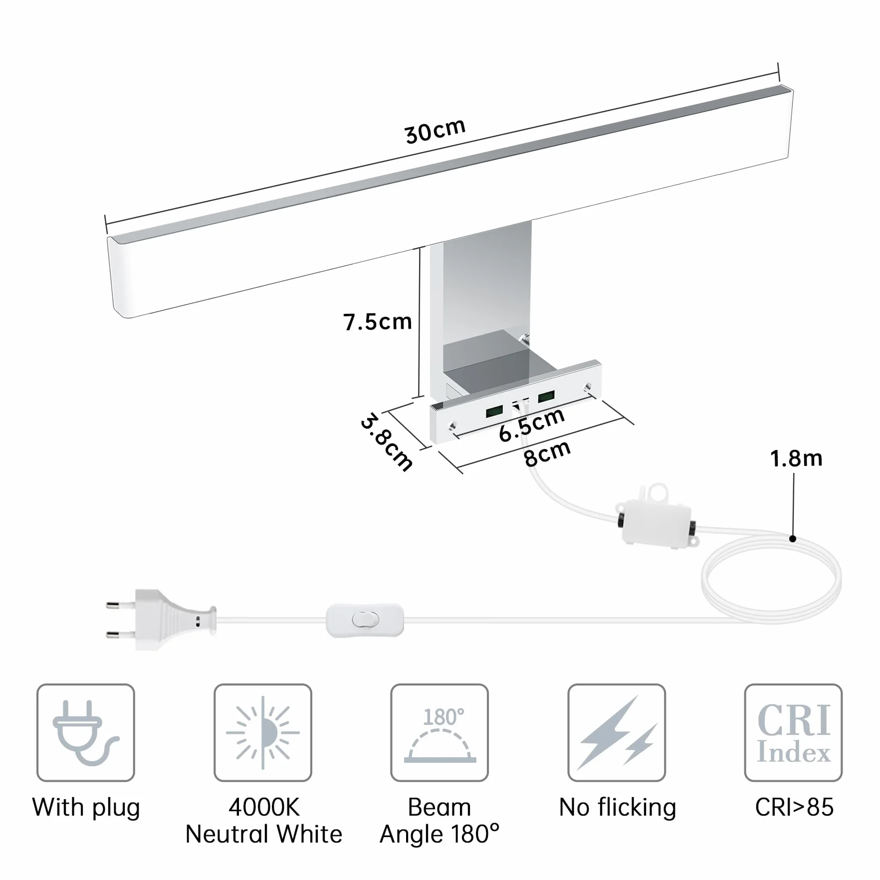 Lampa łazienkowa LED nad lustro, 5 W, neutralna biel, 4000 K, lampa ścienna 500 lm, lampa do lustra z wtyczką, montaż 3 w 1, 30 cm, IP44, lampa łazienkowa z lustrem, 230 V, 300 mm