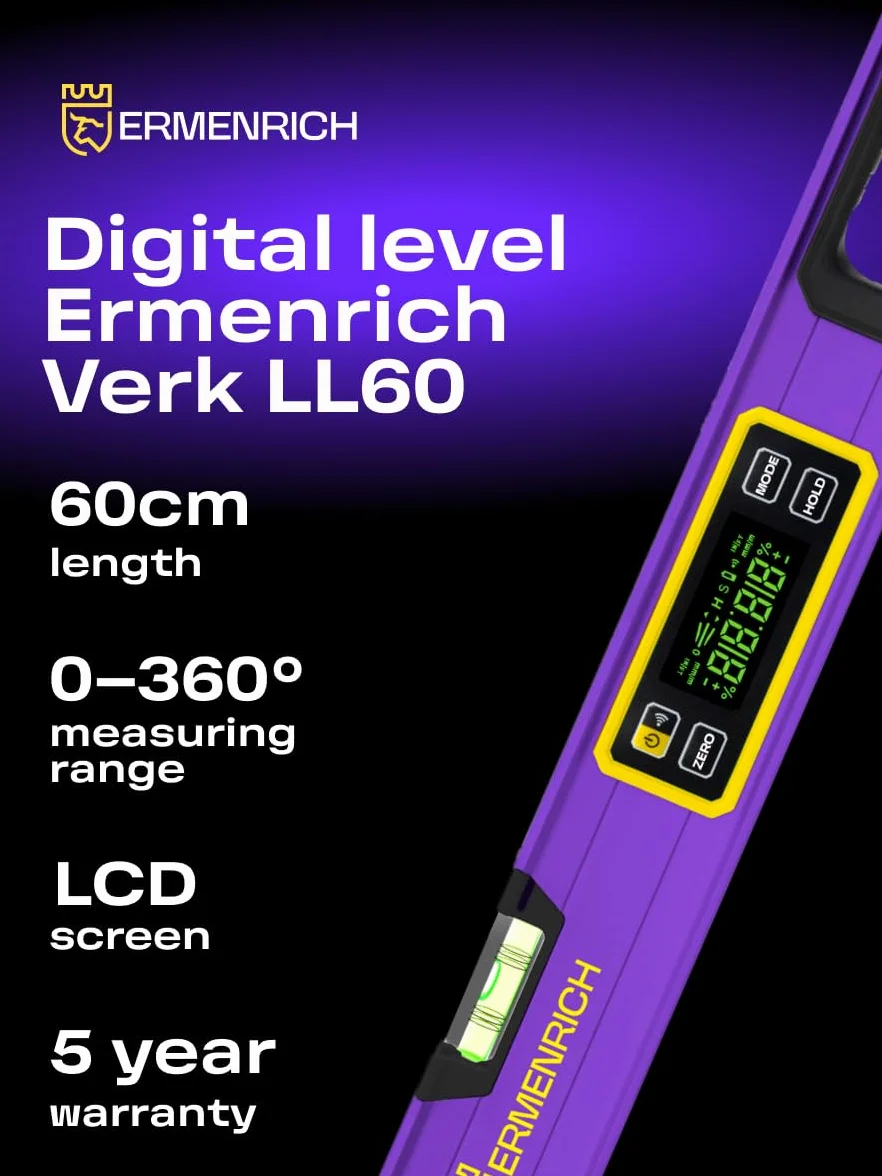 Verk LL60 Poziomica Cyfrowa LCD Inklinometr | Kątomierz 0–360° z 2 Libellami Poziomą/Pionową, Podstawa z Rowkiem V, IP54, Budowa, Remont, Dekoracja